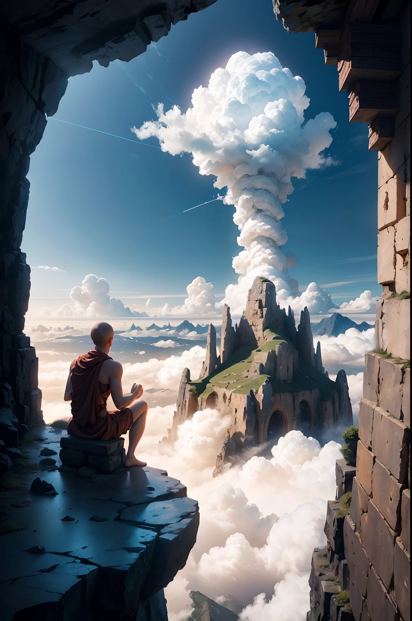 a person sitting in the mouth of a cave, overlooking the mountains, high above the clouds. view from behind., hindu stages of meditation, monk meditate, meditating, a mystical temple, praying meditating, buddhist monk meditating, glowing temple in the distance, floating in a powerful zen state, buddhism, meditation, buddhist, in a cave with large monuments and ancient wall heiroglyphs and carvings,  mystical setting, high altitude view setting, above the clouds. a giant explosion in the the sky, semi-realistic, HD 8k