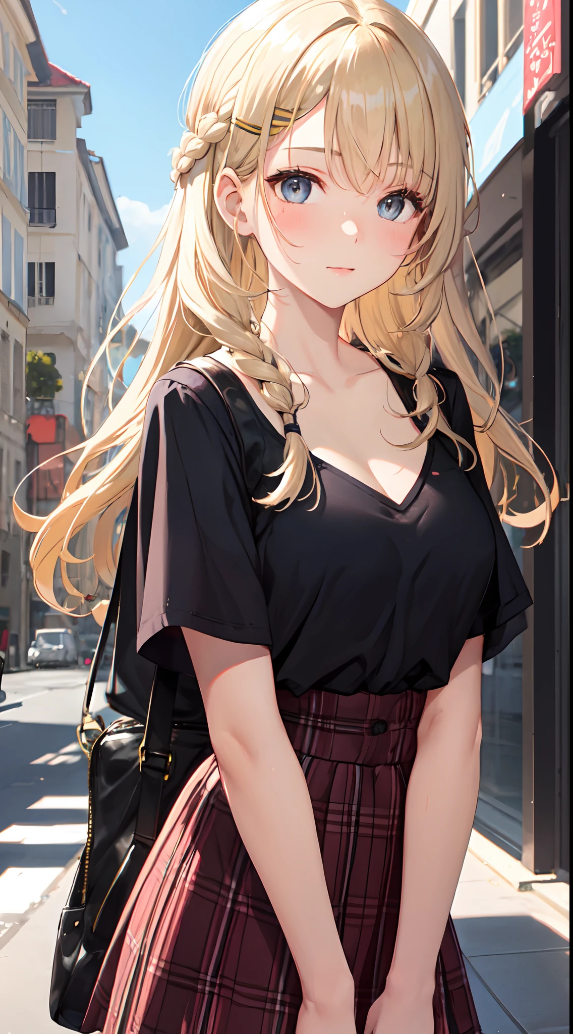 1girl, french braid, blonde hair, gray eyes,