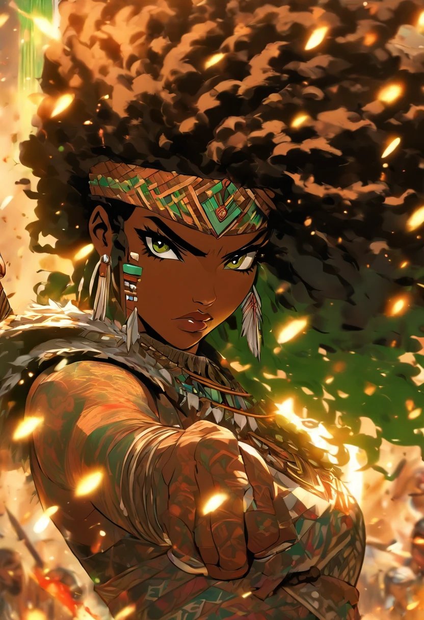 The most beautiful and sexy African warrior princess, black hair, long afro in a blowout hairstyle, green eyes, wearing highly detailed tribal battle armor, wielding a tribal spear, tons of tattoos and piercings, blood splattered, golden flower pedals blowing in the wind, highly detailed background, perfect masterpiece, high quality, high resolution
