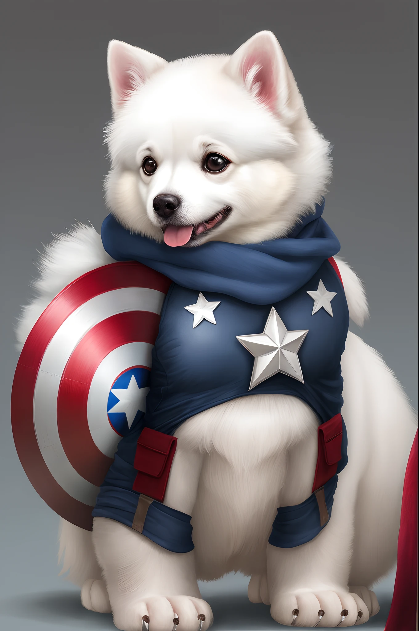 Create a realistic drawing of a white Pomeranian lulu little teddy bear dressed as Captain America