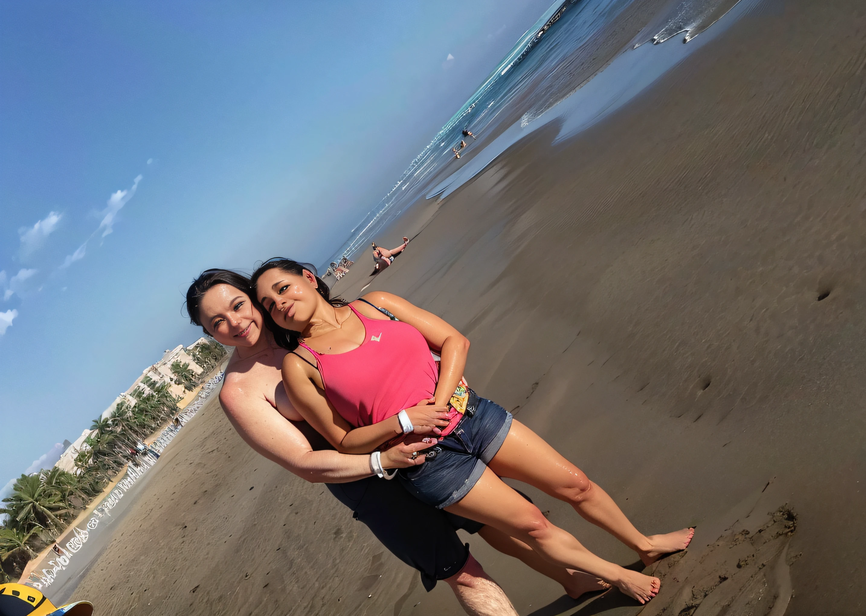 Chubby fat thic bbw white thai mature woman (60 years old), chubby belly, long straight black hair, wearing black bikini, black choker necklace, man hugging from behind, kissing,in the beach with tall male,laying in the sand, 4 men watching, smiley expression, full body picture, view from the side