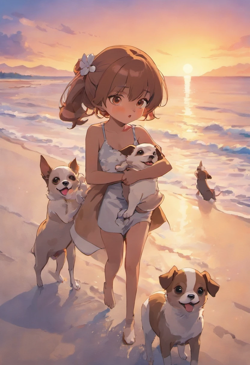Brown female chihuahua with three puppies playing on a beach