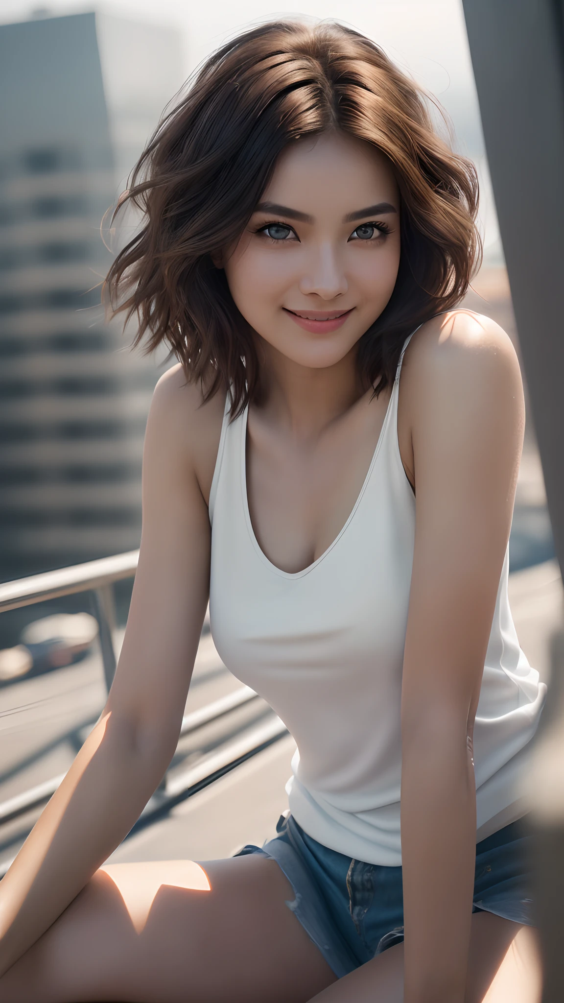 (..RAW, Analogue, Nikon Z 14mm ultra wide angle lens, award winning glamour photograph, ((Best Quality)), ((巨作)), ((Realistic)), pores skin, subsurface scattering, Radiant light rays, Hi-Res, detailed facial features, highly detail, sharp focus, downy, aesthetic, A highly detailed, (highly detailed eyes, Highly detailed iris), Extremely Detailed Hair, very detailed skin, Highly detailed clothing, Octane Render, Realistic Photos, Realistic, Post Processing, max detail, realistic shadows, roughness, natural skin texture, real life, extremely realistic, photorealestic, photography, 8K UHD, photography, hdr, complex, stylish, A highly detailed, sharp focus, stunning, A beautiful, superb), (巨作:1.2, Best Quality1:1, A highly detailed:1.2, best shadow, 8k:1.1), (Huge city:1.3, rooftop:1.1, City structures below, Handrails), (Contrasting background, Bright background), (Beautiful detailed face), high contrast, (perfect illumination:1.2, Beautiful color, Delicate color), ((cinematic light)), Colored, hyper details, dramatic light, complex details, (1girll, 独奏, brown-haired, smiling face, short hair hair, wavy hair:1.1, eyes blue, dynamic angle, white tank top, POV ,Opens legs, cowboy shot, Arms Down), Depth-of-field