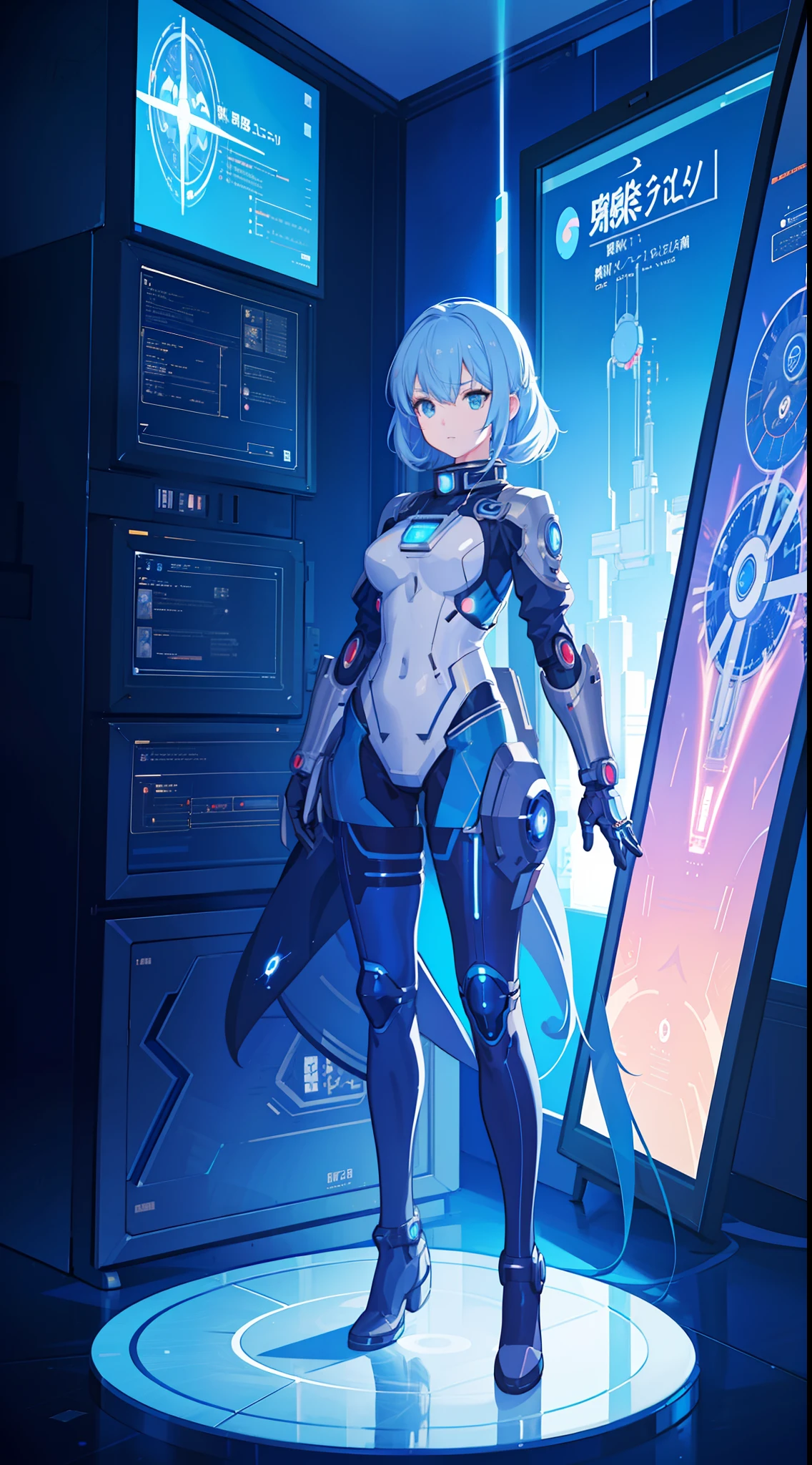 anime girl with blue eyes and a futuristic suit standing in front of a clock, portrait anime space cadet girl, nanogirl, cute cyborg girl, girl in mecha cyber armor, detailed digital anime art, portrait armored astronaut girl, android heroine, artgerm and atey ghailan, cushart krenz key art feminine, digital anime illustration