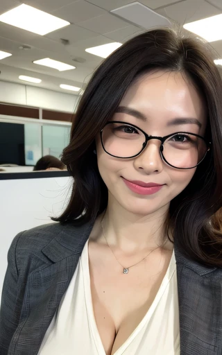masterpiece,best quality, (1 milf), ((close up:1)), ((cross arms)), glare, gray blazer, white shirt, glasses, Clothes with big Cleavage View, double eyelid, eyelash, lip gloss, (smile:1), ((close eyes:0.85)), ((open mouth:1, point to own chest:0.3)), ((Looking at Viewer)), RAW, (from above:0.2), ((nobody)), office,