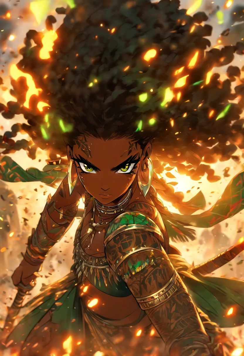 The most beautiful and sexy African warrior princess, black hair, long afro in a blowout hairstyle, green eyes, wearing highly detailed tribal battle armor, wielding a tribal spear, tons of tattoos and piercings, blood splattered, golden flower pedals blowing in the wind, highly detailed background, perfect masterpiece, high quality, high resolution