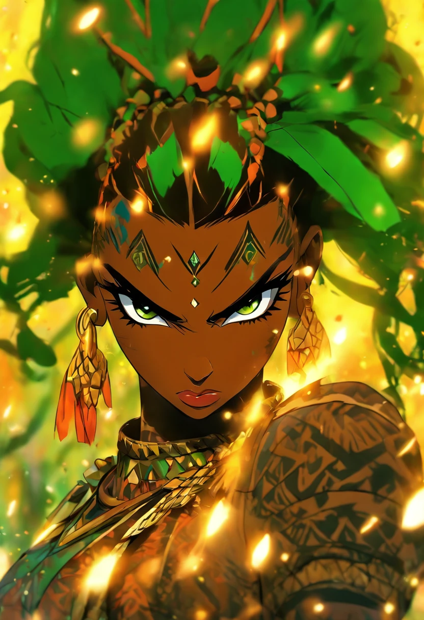 The most beautiful and sexy African warrior princess, black hair, long afro in a blowout hairstyle, green eyes, wearing highly detailed tribal battle armor, wielding a tribal spear, tons of tattoos and piercings, blood splattered, golden flower pedals blowing in the wind, highly detailed background, perfect masterpiece, high quality, high resolution