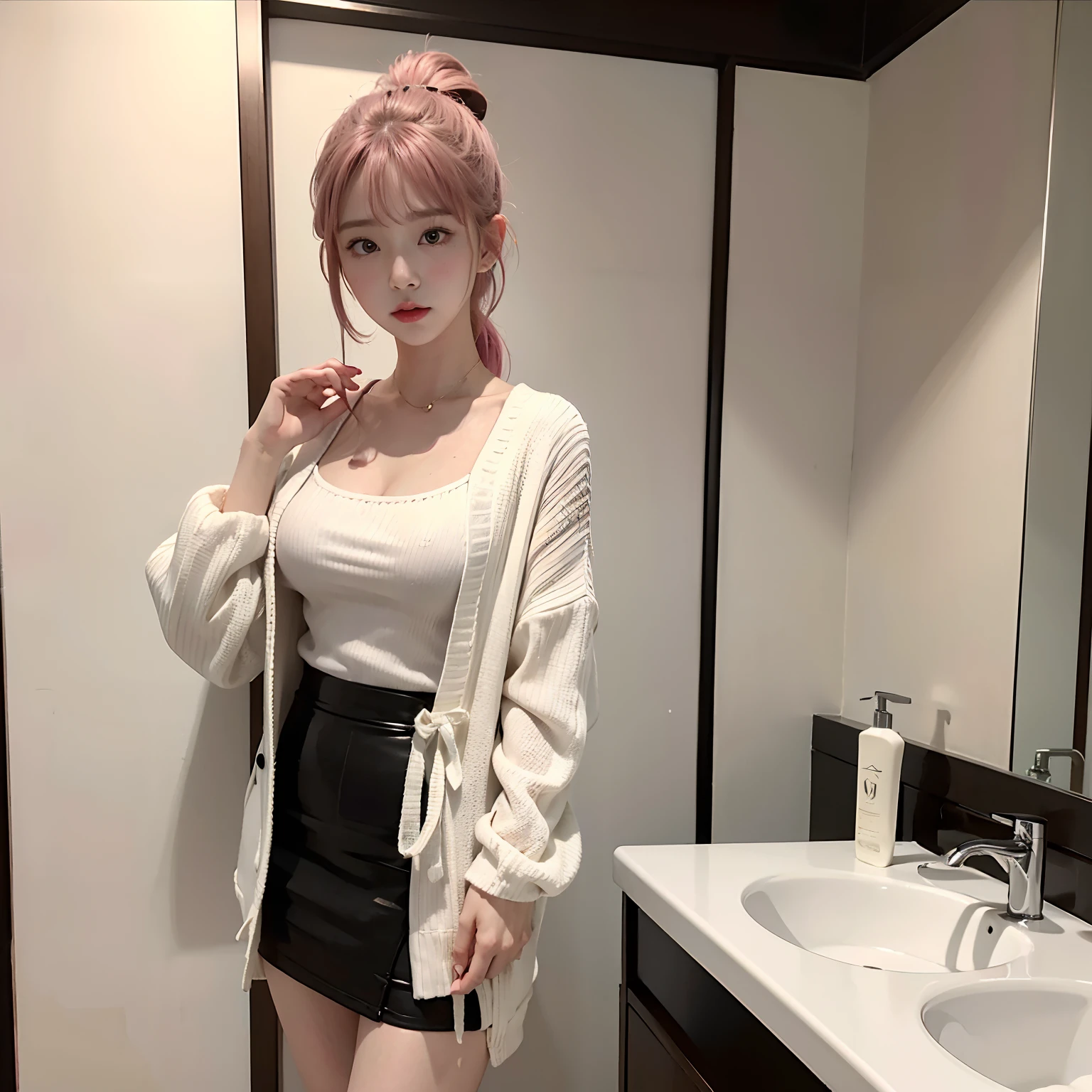 masterpiece、top-quality、8K、a picture、realisitic、独奏、1人、A MILF、(White sweater with short shoulders、a black skirt)(full body Esbian)、(sexy pose)、Soft lips, (Looking at the camera:0.6), pale skin, (A pink-haired), (finely eye:1.3), (Ponytail Floating Hair NovaFrogStyle:1.2), depth of fields, red blush, Shyness, Brown-eyed, (Random Color Bar), bangss, ((Detailed hotel bathroom)), ulzzang -6500-v1.1, pureerosface_v1:0.4, Detailed hot springs, nffsw, Detailed Japan garden