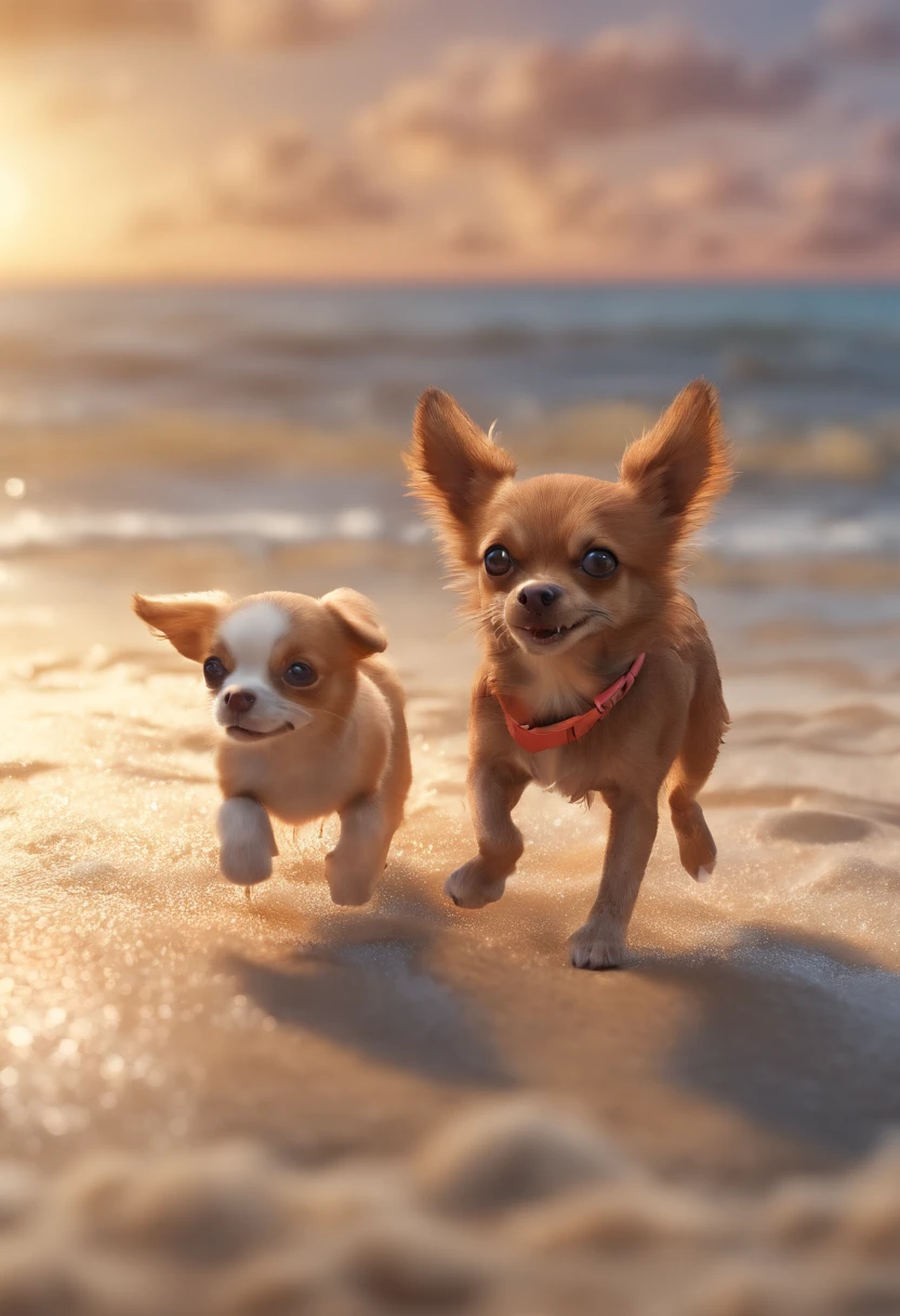 Brown female chihuahua with three puppies playing on a beach