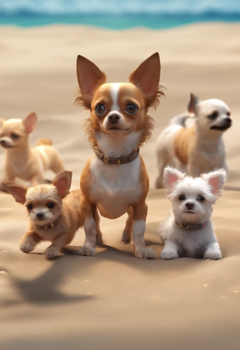 Brown female chihuahua with three puppies playing on a beach