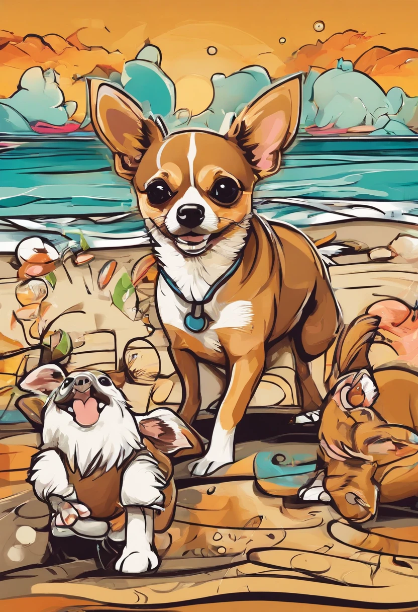Brown female chihuahua with three puppies playing on a beach