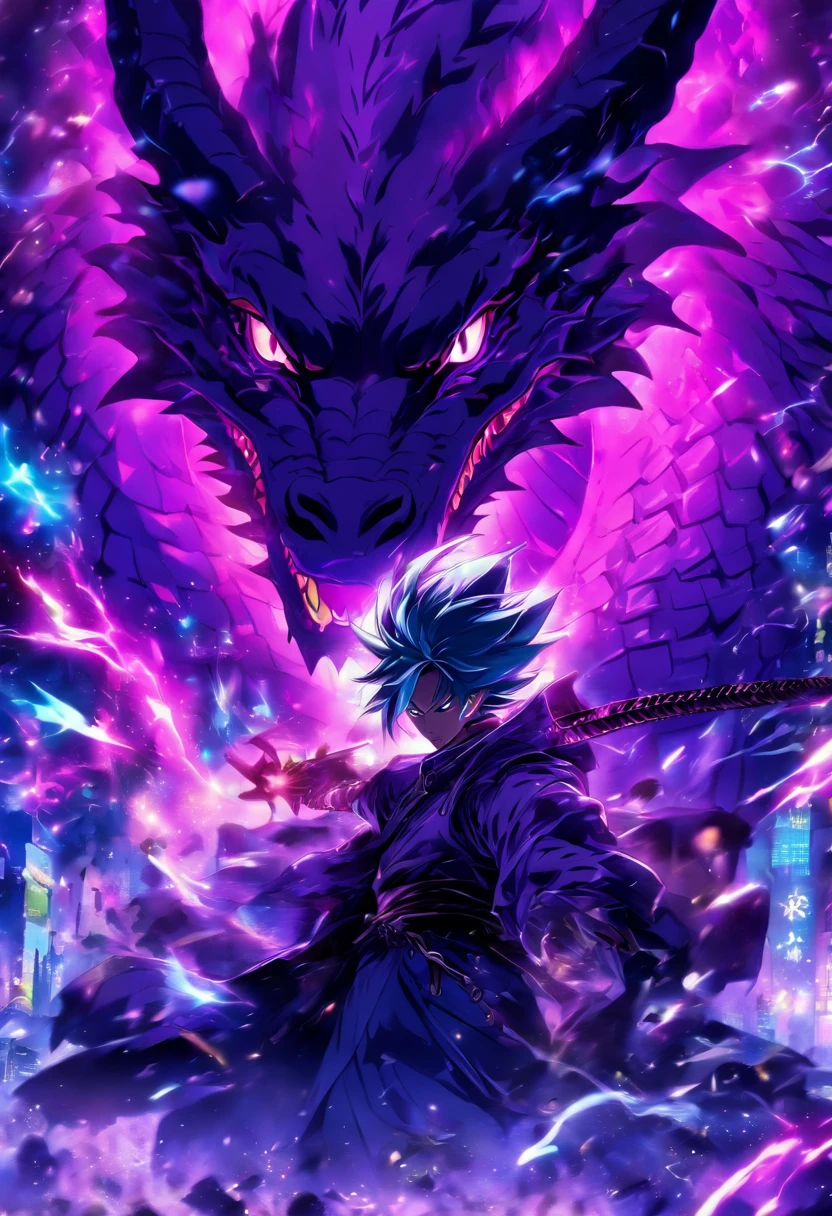 (a-purple-themed,18K resolution,altamente detalhado,master part:1.2),um jovem sinistro vestindo um manto branco,segurando uma espada brilhante roxa,poisonous substances in the air,with a faint ghostly silhouette of a purple dragon hovering over its head.