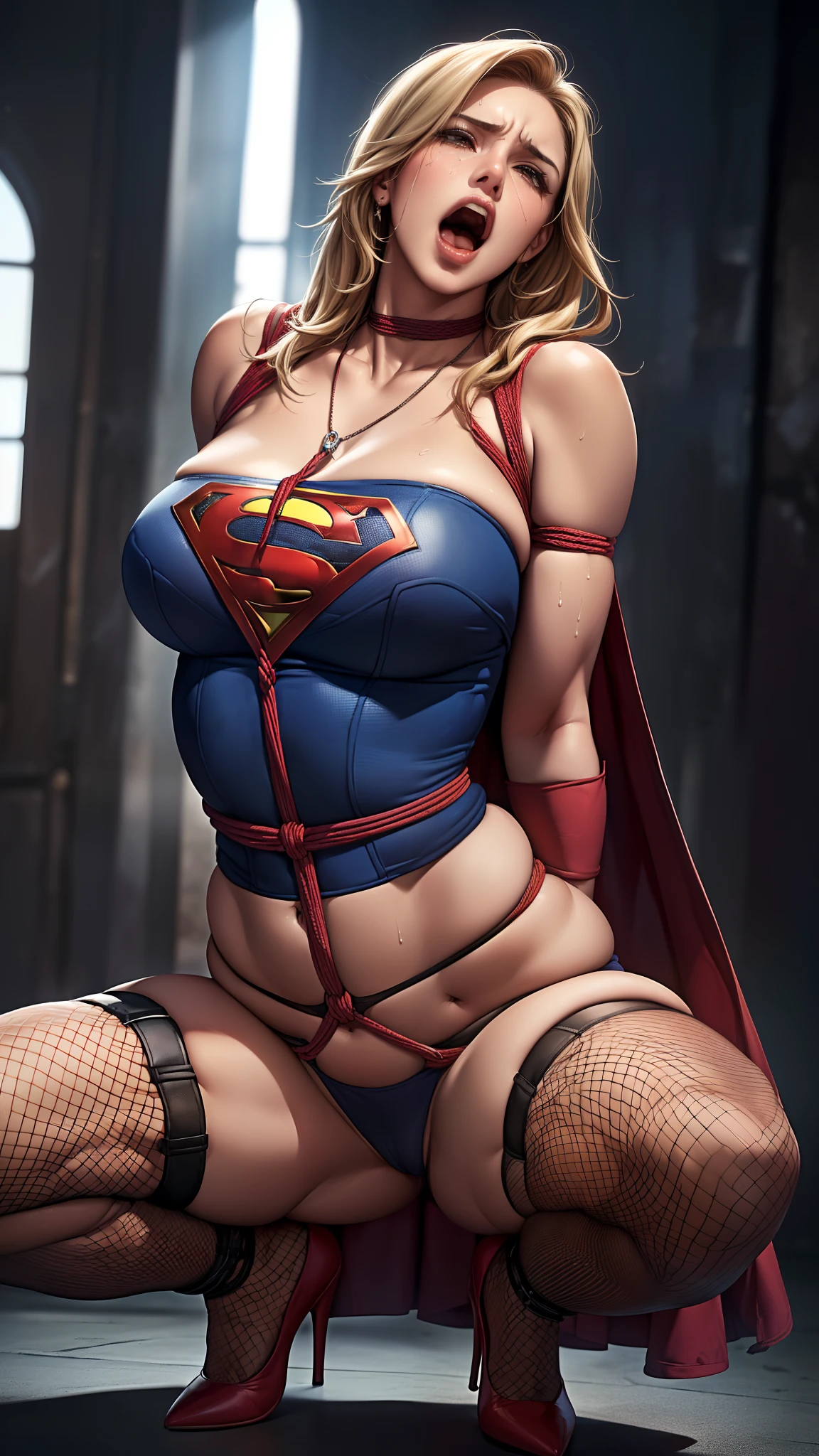 ((She's in the torture chamber), (((Uniforme detalhado da Supergirl))),  (She's wearing stiletto high heels) ((Your blouse is tattered, Your mesh is tattered, his uniform is tattered, seu traje esta esfarrapado, your clothes are tattered)), ((SUPERHEROINE SUPERGIRL HALF SQUAT)), ((vagabunda, prostituta, vadia)) She's sweaty all over her body. She's screaming in terror, She's terrified, She's crying a lot. ((ela tem cabelo preto, ela tem cabelo longo)), ((She's wearing a Fishnet garter belt)), ((Wearing a thick metal necklace around the neck )) She screams and begs for mercy, Ela cai no choro. Wearing a thick metal necklace around the neck with a chain. Usando maquiagem pesada no rosto. (Your clothes are immoral, your clothes are indecent). Shibari, arms behind back:1.4), (hands on back), (obra-prima, melhor qualidade) 1.5, 1girl, sozinho, (sexy, mulher bonita, rosto perfeito, olhos perfeitos) corpo inteiro, (Shibari, arms behind back:1.4), (hands on back), ((cabelos loiros)). ((High Definition Face)).