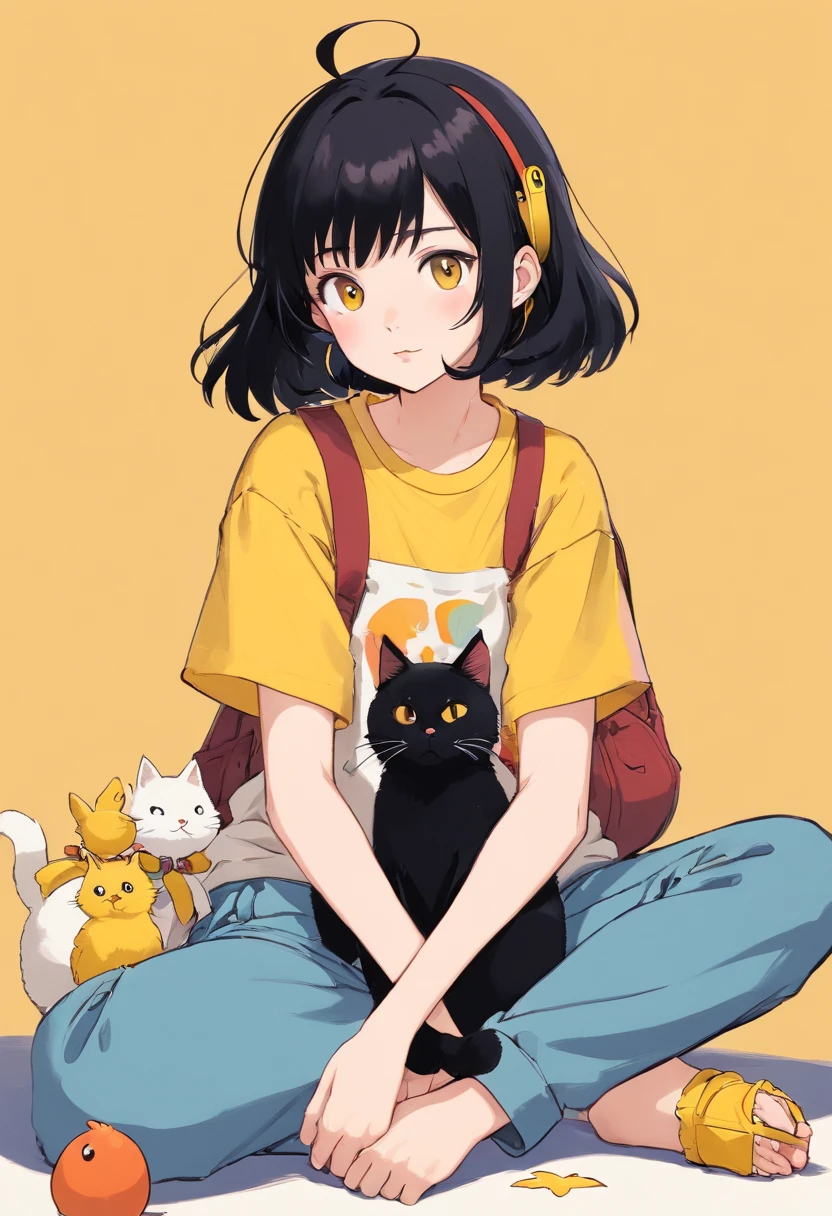 estampa de camisa: Girl with black hair and bangs with baggy pants listening to music along with her black and white cat and holding a yellow chicken puppy. The T-shirt is black