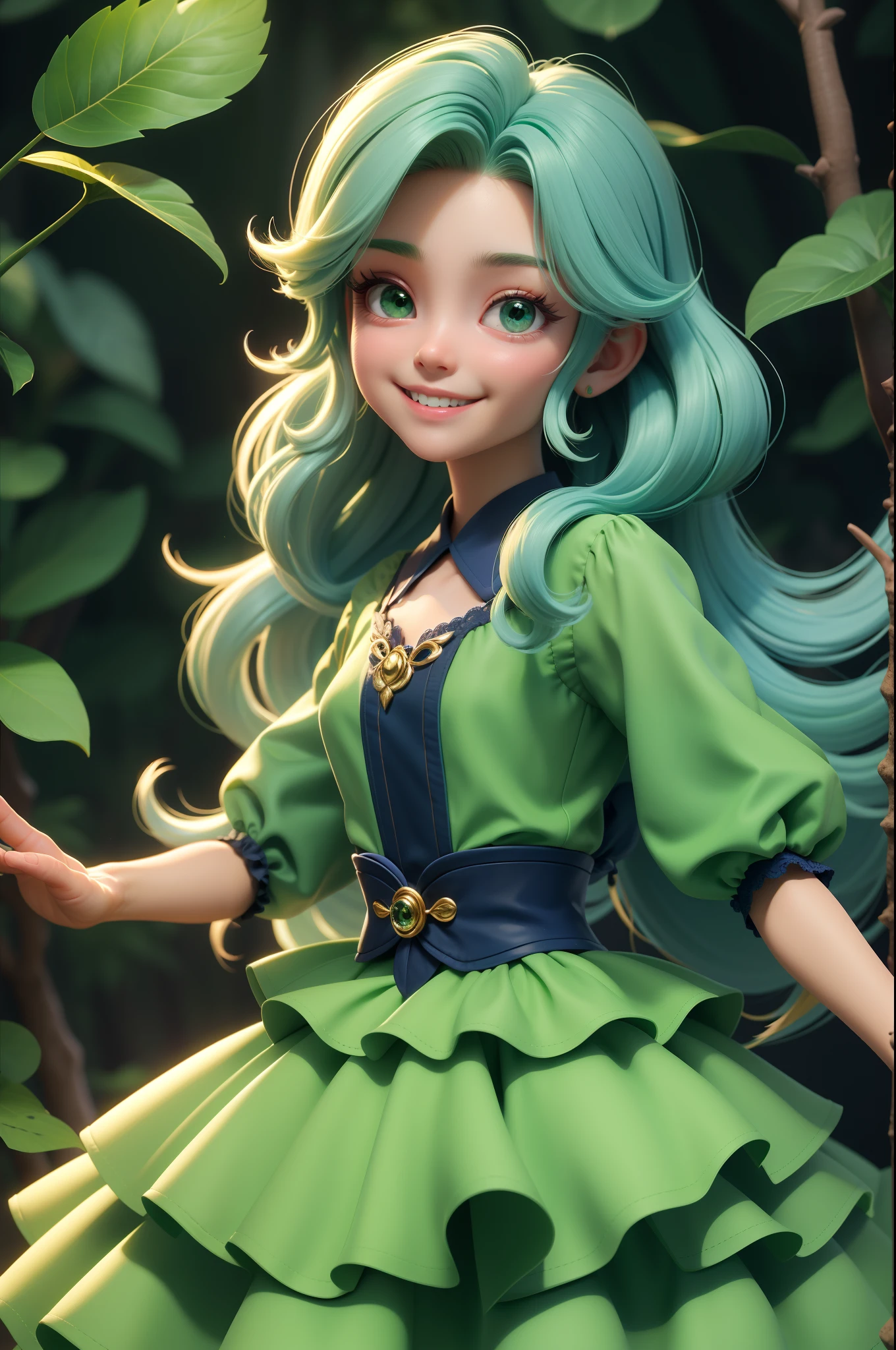 Estilo 3DMM, (obra-prima, melhor qualidade), detalhes intrincados, 1girl, sozinho, cabelo verde, grampo de cabelo flor, vestido verde, olhando para o espectador, Sympathetic smile, in an ethereal fantasy forest!