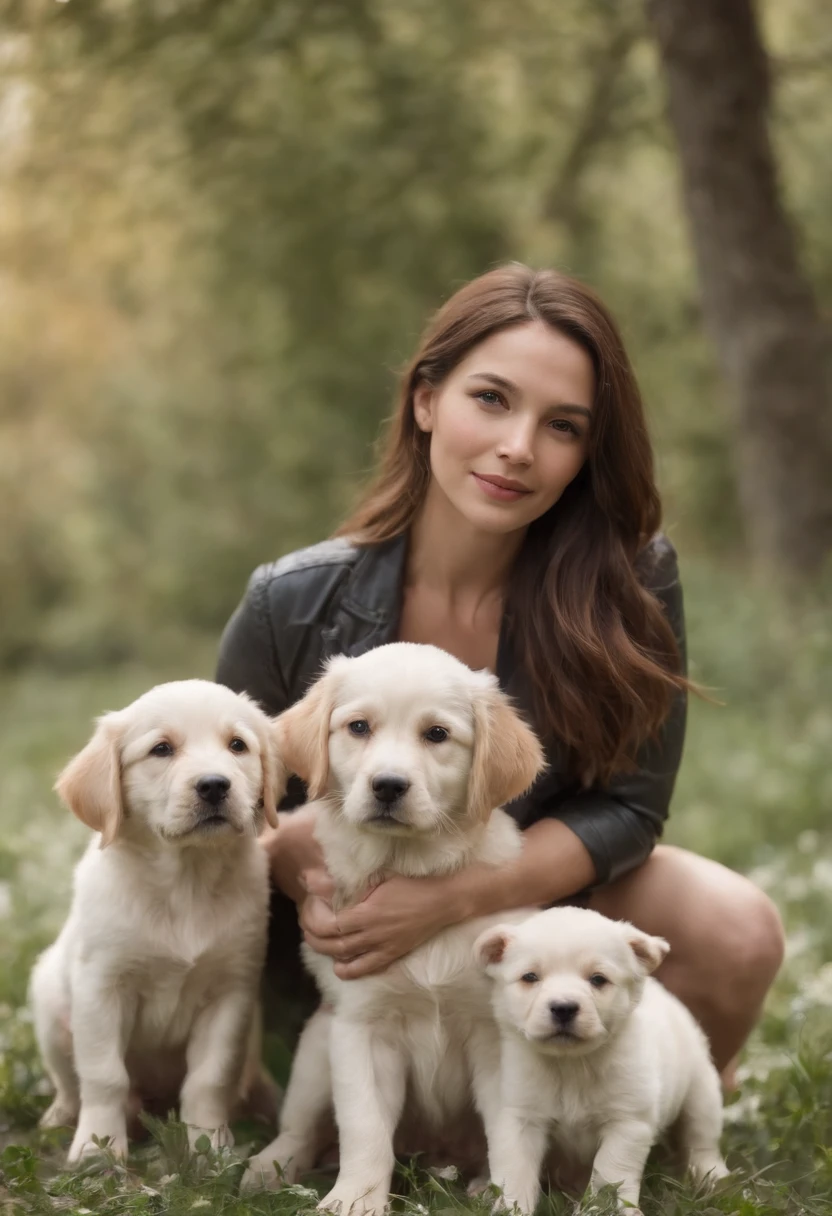 I want an image of a woman who raises dogs but is ashamed to show up, She is in the midst of her puppies that make her happy