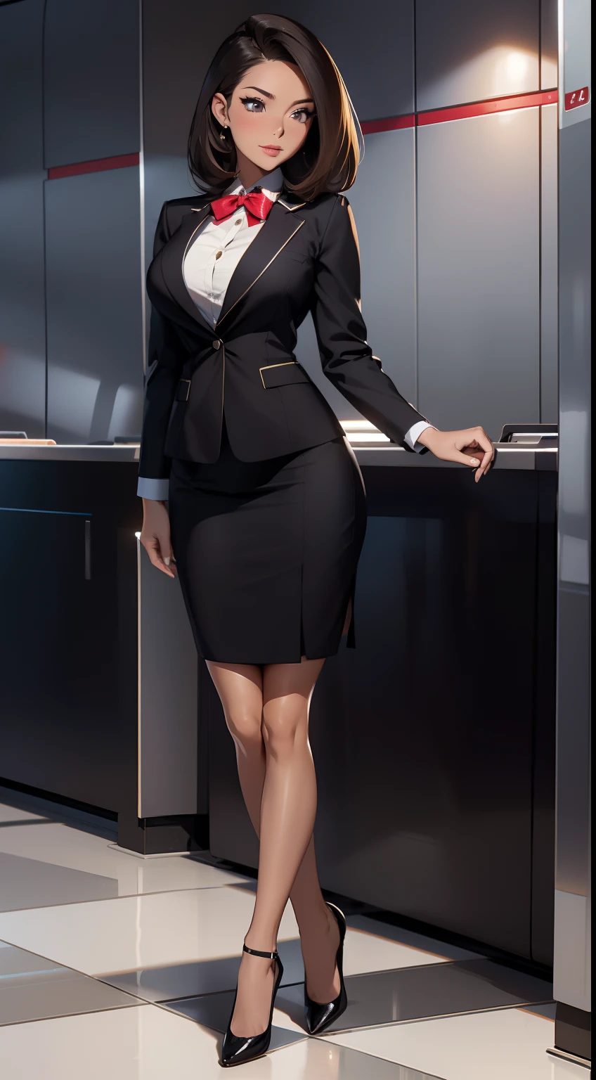 Stewardess，Wear flight attendant clothes，A beautiful full body girl，with fair skin，cabelos preto e longos，24 years of age，busty figure，short  skirt，Super sexy scene，facial closeups