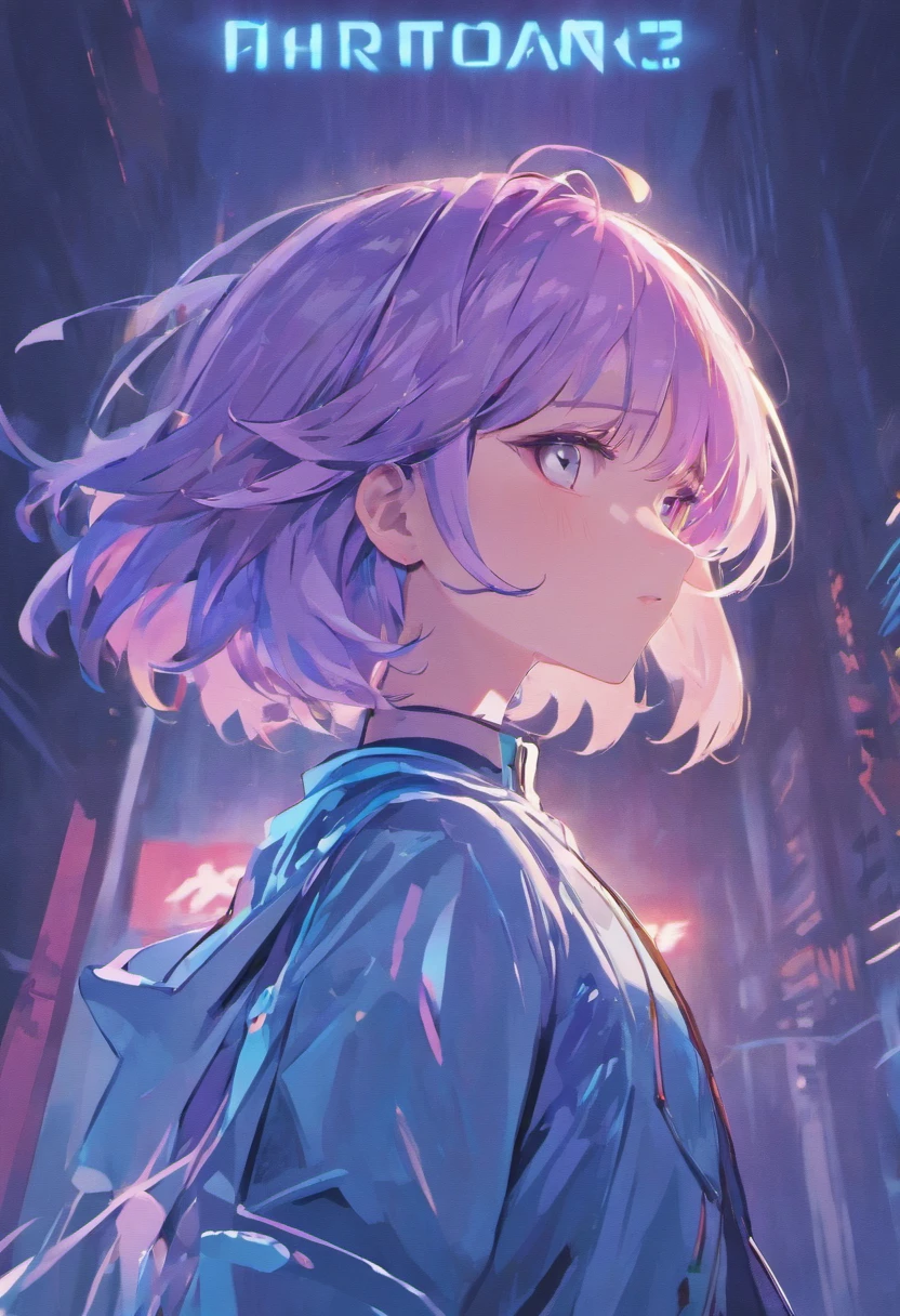 (Best Quality,4K,8K,hight resolution,masutepiece:1.2),Ultra-detailed,(Realistic,Photorealistic,Photorealsitic:1.37),Cyberpunk,Combat uniform with light pink and light blue as the main colors,headphones,Cool,Looking up at the sky,Slightly open mouth,Approximately 25 years old,adultlike face,2D illustration of hair based on black,Light blue mesh,Back hair fluttering in the wind,Short bob hairstyle,Puff calcium,Light blue background and pink light on face,Cyber City