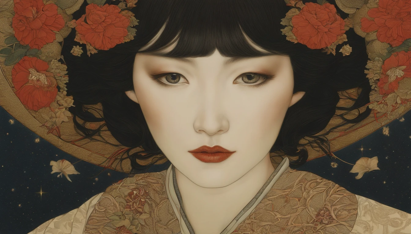 Deus criando o universo, Mulher Europeia, Piece by Takato Yamamoto, ultra realistic, Enquadrar Rosto, octane rendering, altamente detalhado, trending on ArtStation, cosmico, simetria, piece of master