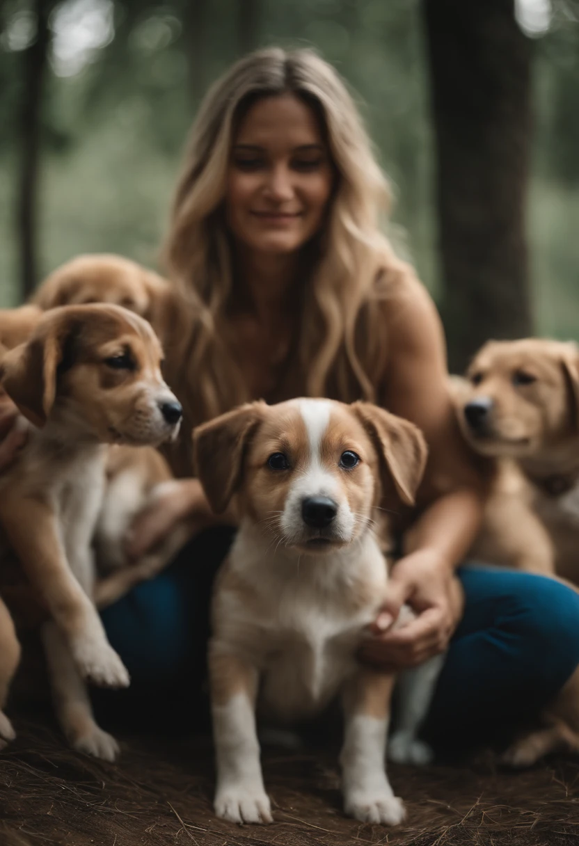 I want an image of a woman who raises dogs , She is in the midst of her puppies that make her happy, filhotes brincando e a felcidade tomando conta, Put a child happy