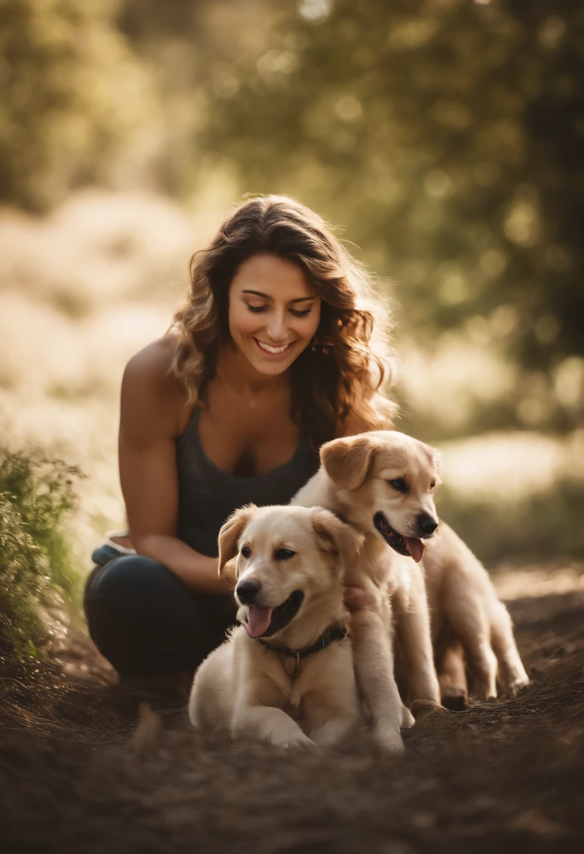 I want an image of a woman who raises dogs , She is in the midst of her puppies that make her happy, filhotes brincando e a felcidade tomando conta, Put a child happy
