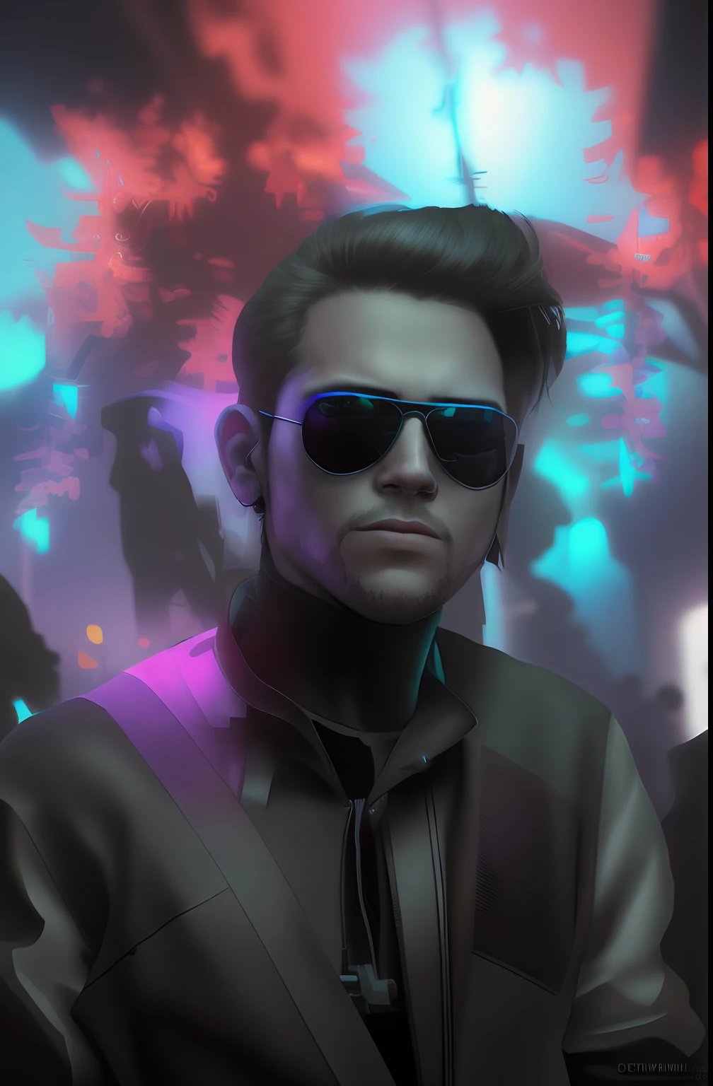 Replace the background of my uploaded image with a cyberpunk or gaming-related scene while retaining my real face. I'm wearing sunglasses and looking directly into the camera. Please add a gaming vibe to the real image, ensuring that the background complements this theme with cyberpunk or gaming-related elements.
