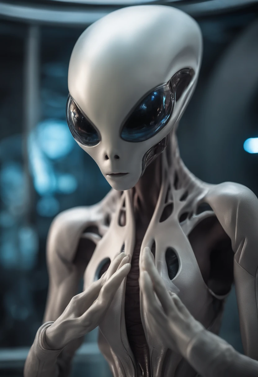 Albino, alien woman, gorgeous, elongated head, bald head, in close-up, inside a futuristic medical research lab serving human alien spirit bodies;, Slender-bodied alien inside alien cell regeneration room, Giant multifaceted eye alien exploring alien hologram, Alien in futuristic alien costume inside the extraterrestrial genetic healing lab, Ete-Grey pink and purple alien in innovative alien environment, alien with telepathic abilities inside the alien medical research center, Curious and affectionate hybrid alien inside the futuristic alien laboratory, alien with multiverse view through the almond pupil inside the healing alien light chamber, Alien with bio-organic appendages on an alien humanoid body at the Alien Science Laboratory, alien with telepathic texture details inside the portrait of a humanoid alien, alien exploring the alien environment with advanced 3D modeling technology, Alien in futuristic costume with surreal lighting effects inside the futuristic alien room, alien with alien cybernetic implants in an alien medical research lab, alien with digitally enhanced alien atmosphere, Blue alien with elongated head inside an alien cell regeneration laboratory."