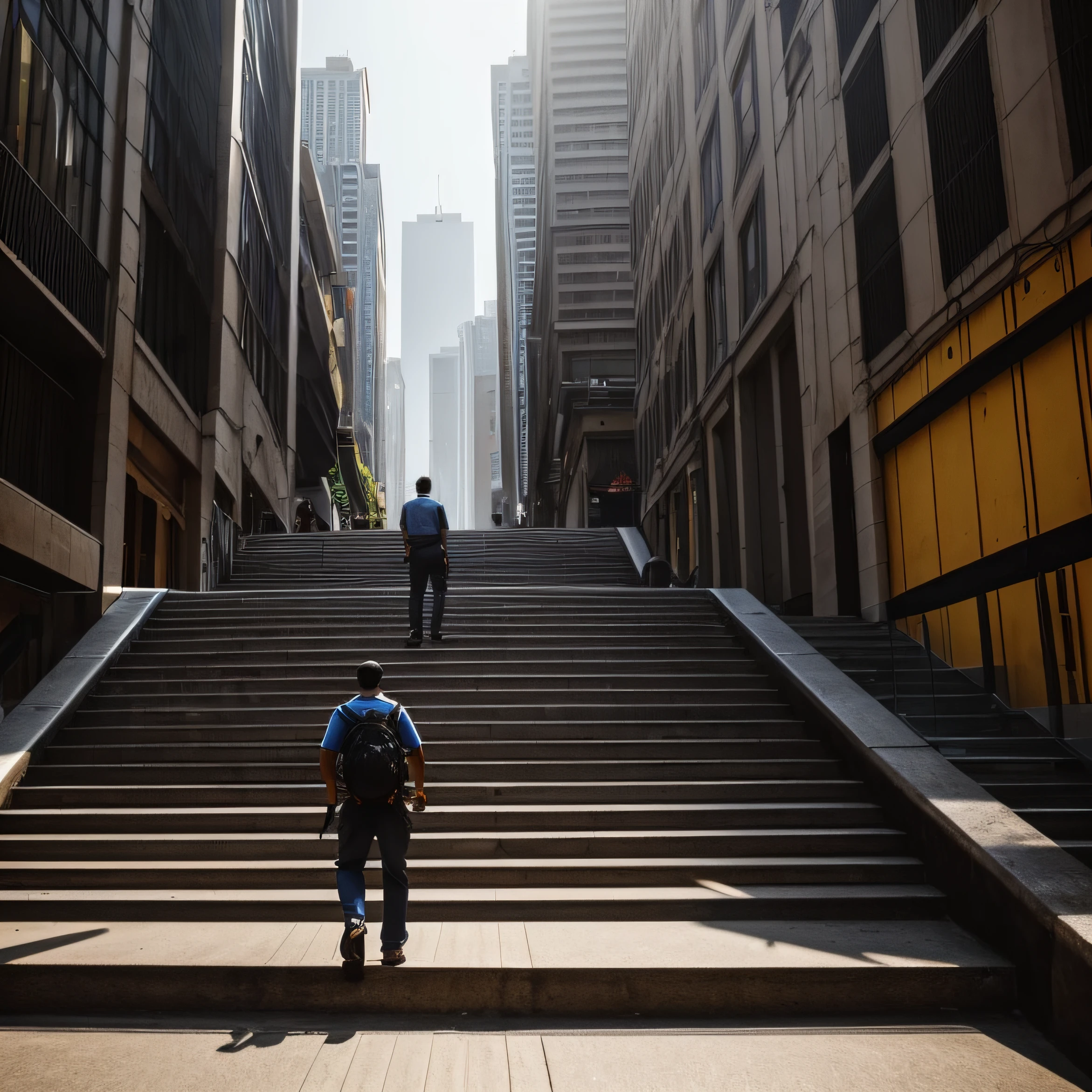a man climbing stairs in a metropolis, late afternoon environment | view from back