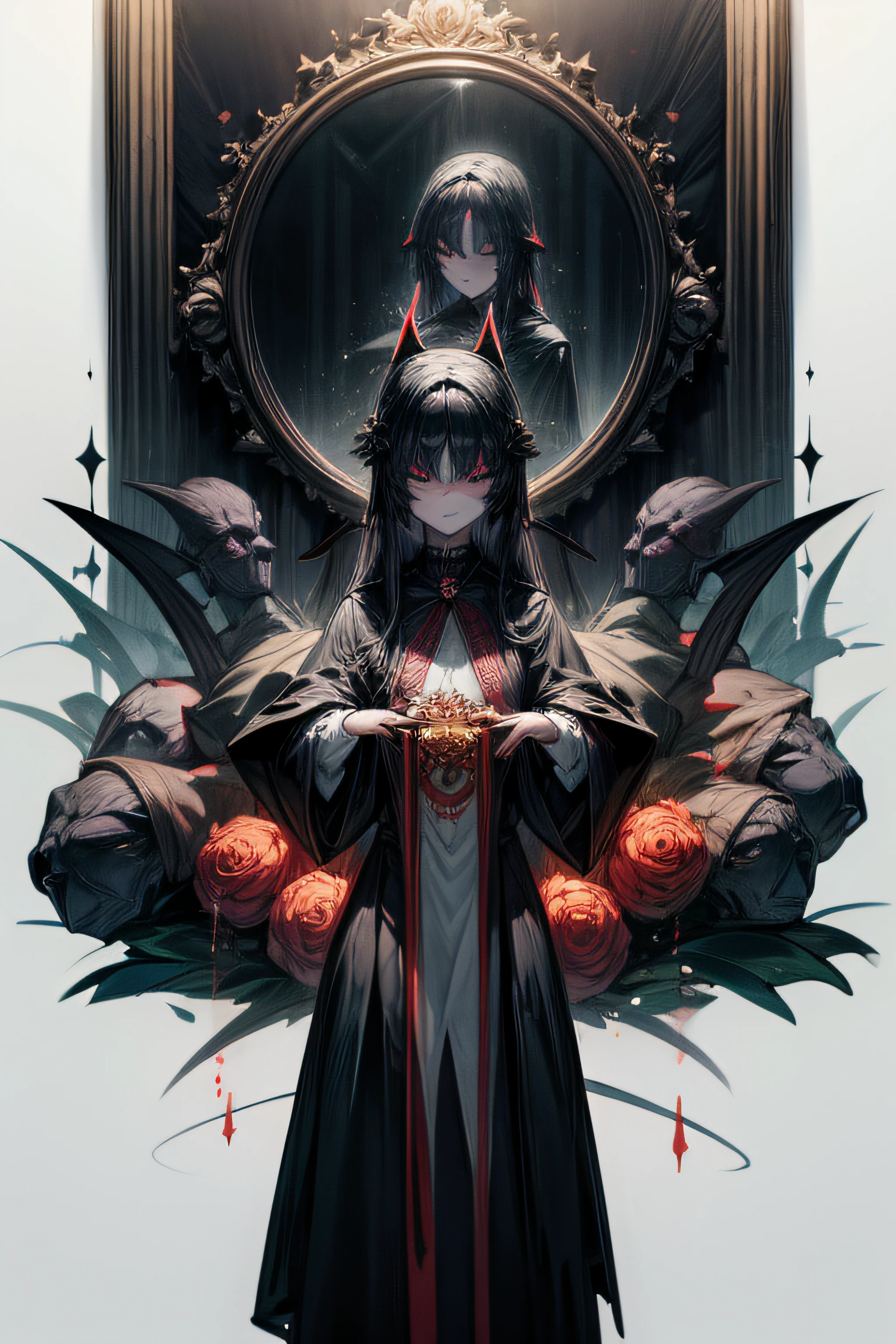 A cultist woman wearing a mirror masquerade mask, A black robe, un estilete en la mano y perfora la otra mano, The demon in the mirror devours the body of the cultist through the mask, An obsidian mirror appears behind and a mirror demon strikes it from the inside., Alto realismo, High detail. The devil has pale and slippery skin, extremidades largas con garras, una boca grande con muchos dientes afilados y una lengua larga que cuelga de la boca. el cuerpo es delgado, Las costillas son visibles, Hundreds of little black eyes. Tiene una altura de 2 metros,Estilo Black Souls, Clear lines, bosquejo, sombreado.