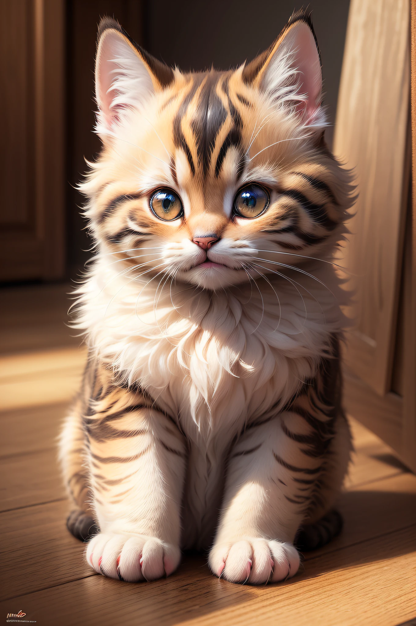 (best quality,ultra high resolution,high-res,masterpiece:1.2),ultra-detailed,(realistic,photorealistic,photo-realistic:1.37),cute furry kitten with shiny eyes and friendly, happy face, in a cozy and pleasant environment. The kitten has a fluffy and realistic fur coat. The artwork is created using the texture of a Funko Octane render.