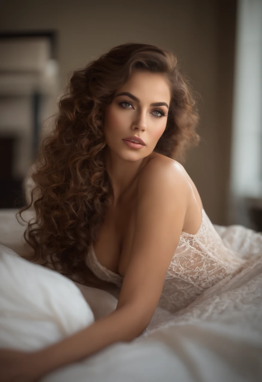 (sharp focus:1.2), photo, attractive young woman, (beautiful face:1.1), detailed eyes, luscious lips, (cat eye makeup:0.85), (large eyes:1.0), (toned body:1.2), (curly hair:1.2), (big booty:1.4), wearing (nude:1.2) on a (bedroom:1.2). (moody lighting:1.2), depth of field, bokeh, 4K, HDR. by (James C. Christensen:1.2|Jeremy Lipking:1.1).