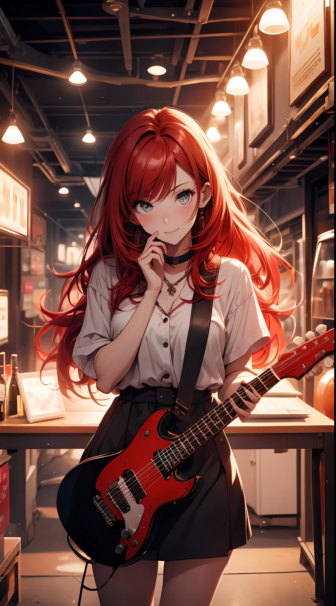 masterpiece, best quality, 1girl, a red haired girl playing a eletrci guitar, guitar, sensual, music, instrumental , cute girl, cute, cozy, dramatic light, beautiful lights,4k, gorgeous, cinematic, happy, depth, happyness, artistic,