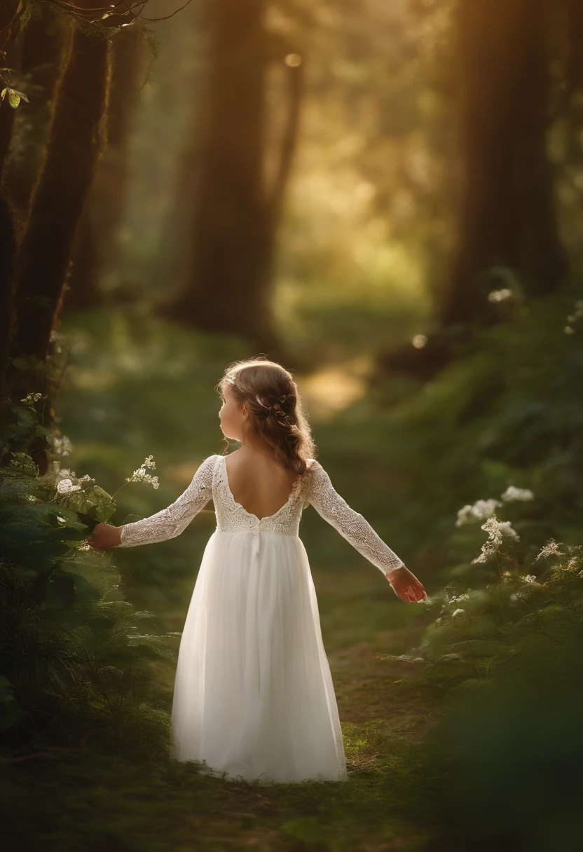 a charming scene in which an angelic child, com cabelos longos e asas brancas, It lies in the foreground of a mystical forest. Pombas brancas voam ao redor dela, Creating a serene and paradisiacal setting. Explore the magical atmosphere and convey the sense of peace and purity that this scene evokes."