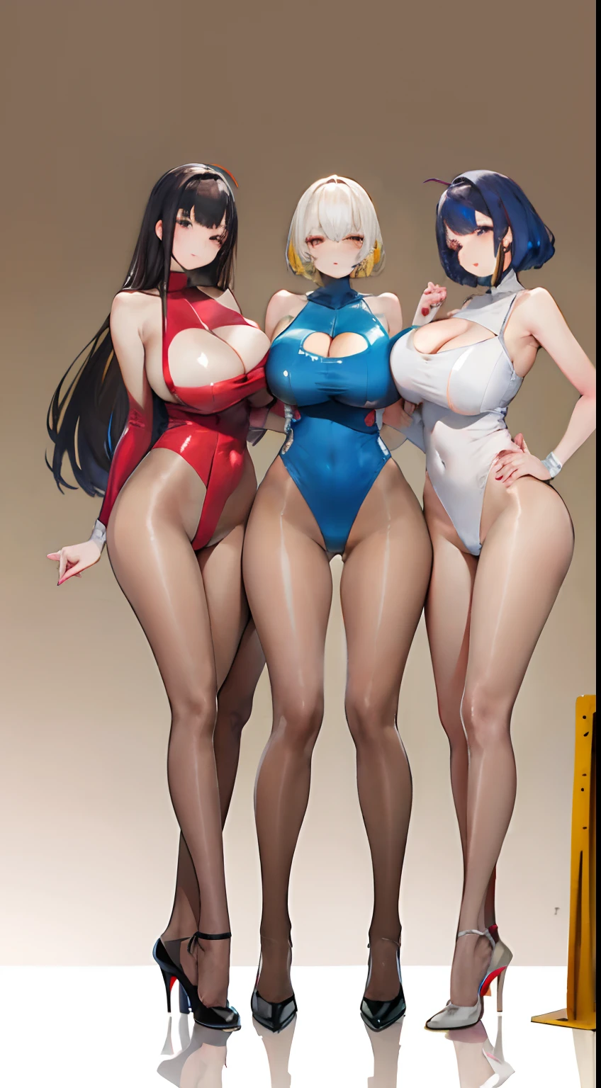 full bodyesbian，Three beauties，Stand in a row，One-piece tights，Conjoinment，Blue latex set，Standing on the ground，huge tit，Slim，long leges，Stand up straight，nothing background，Slim，extra long leg，The iron is inserted into the lower body，Exhibited，Mannequin，