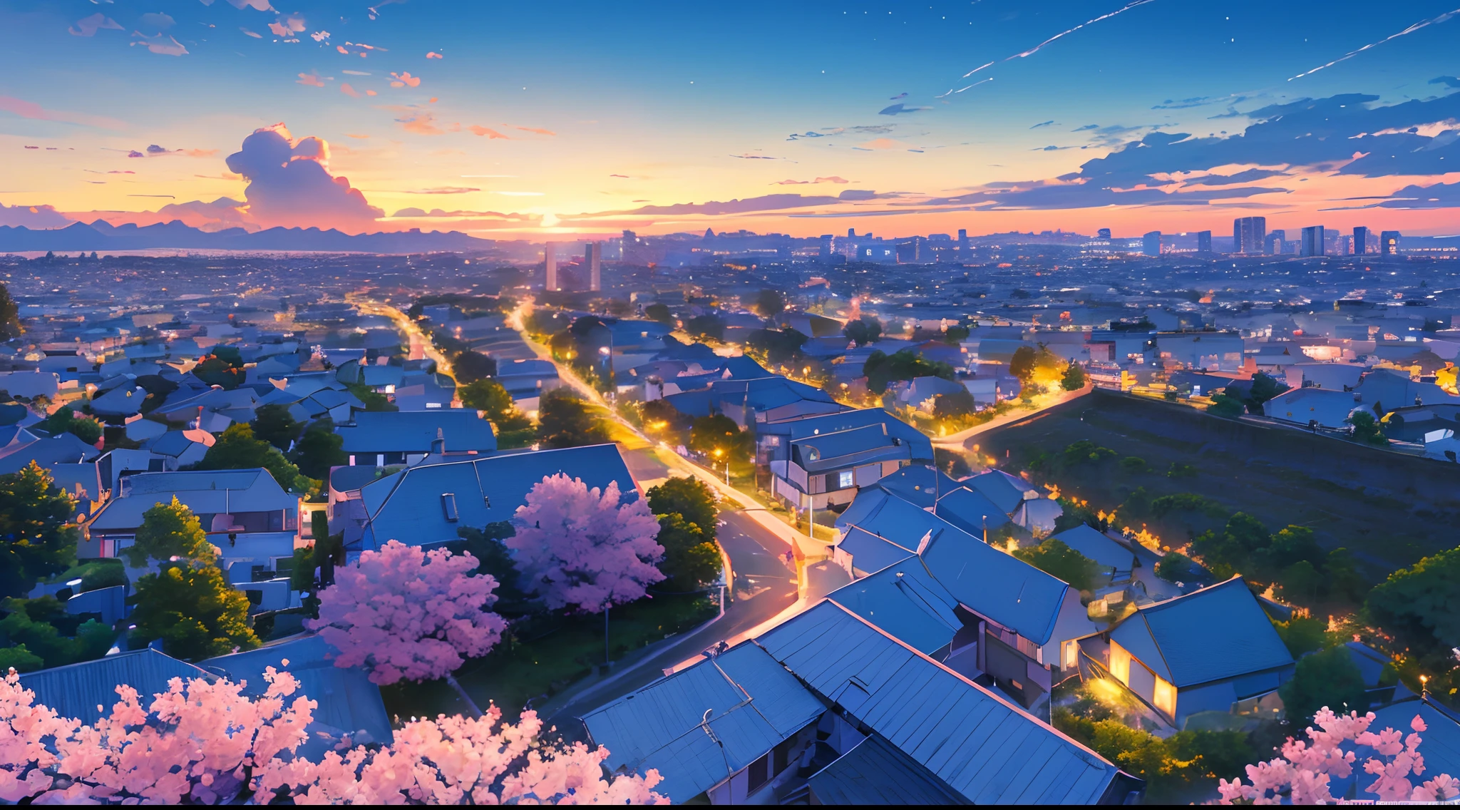 beautiful night sky, noite ,Sakura, em estilo de makoto shinkai, Textura premium, cor, starly sky, textura rica, Landscape, Estrelas deslumbrantes, focando no horizonte, (ampliado: 1.1), (chuva de meteoros:1.2), (cometa:1.1), lowangle, aroura boreal, estrela cadente, melhor qualidade, obra-prima, nuvem, colorido, estrelado, estrelas, noite, campo de flores, flor flor, night sky, belas flores, tema da noite,