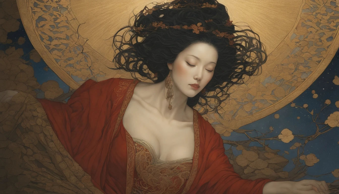 Piece by Takato Yamamoto, Deus criando o universo, nordic woman, Cabelo Ruivo, Enquadrar Rosto, ultra realistic, octane rendering, altamente detalhado, trending on ArtStation, cosmico, simetria, piece of master