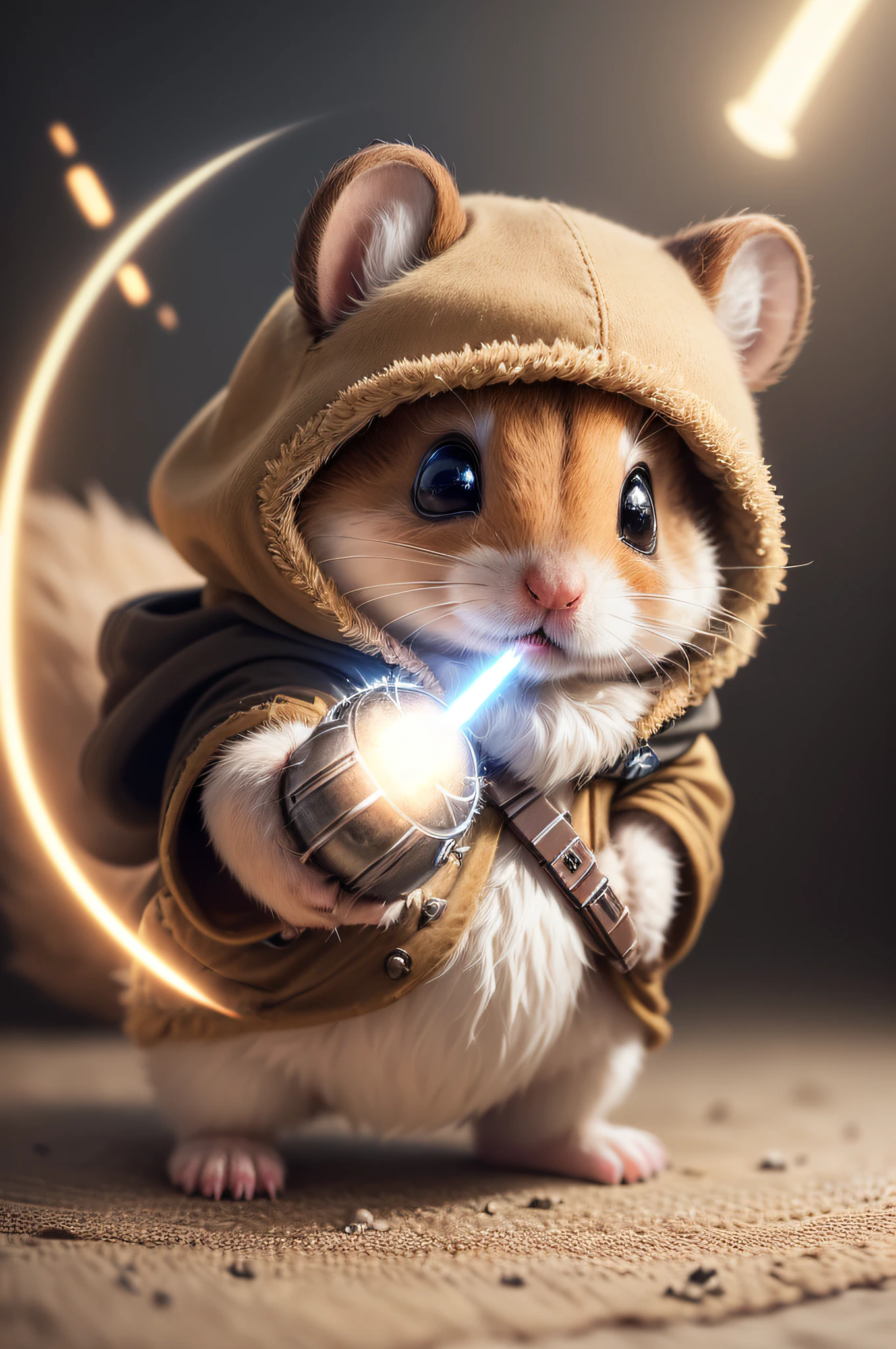 (best quality,ultra-detailed,realistic,photorealistic:1.37),furry hamster wearing a Star Wars Jedi uniform,adorable,soft,fuzzy,playful,expressive brown eyes,small and rounded body,tiny paws,detailed Jedi robe with brown fabric and hood,lightsaber,light side of the Force,galactic background,vivid colors,warm lighting,