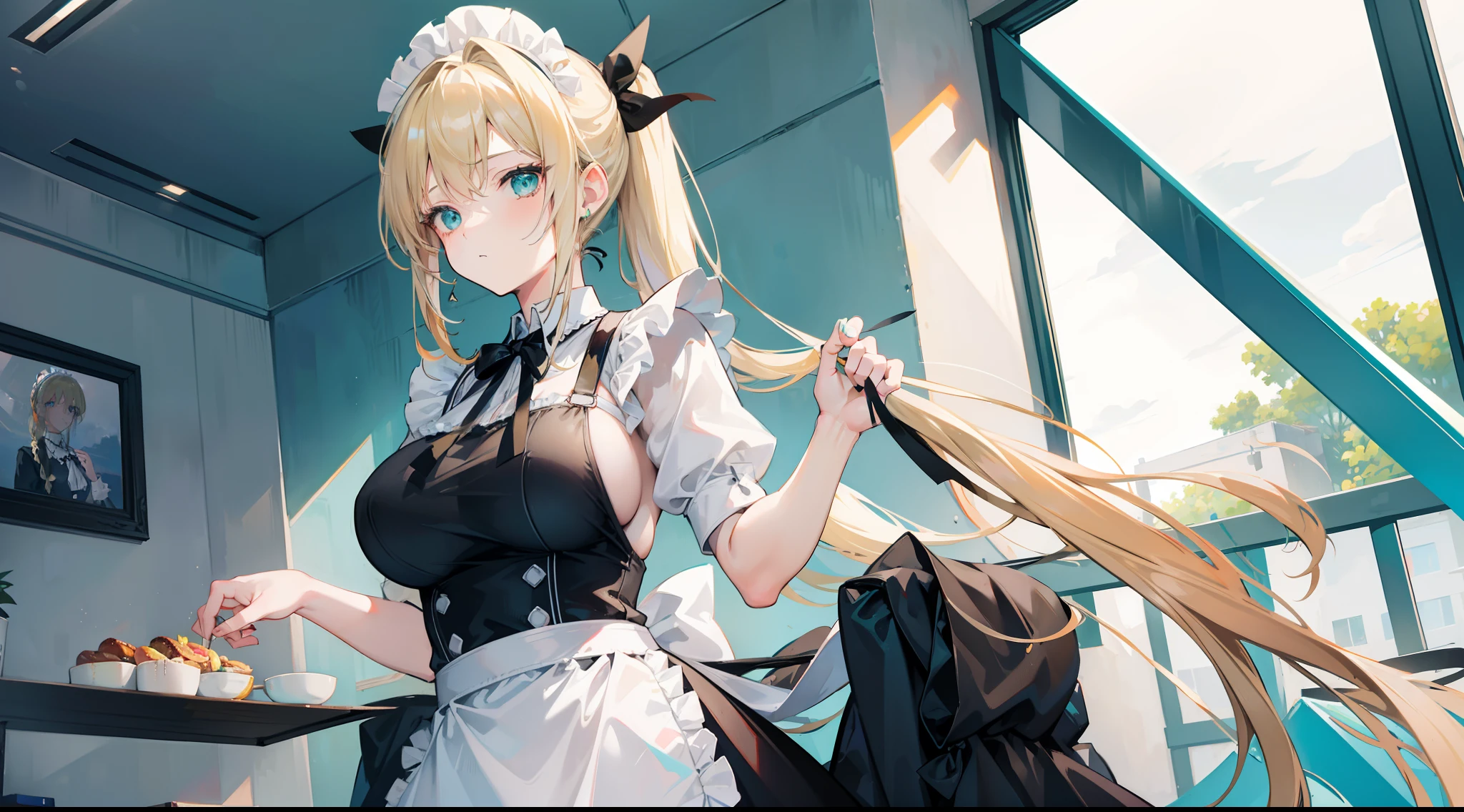 An 18 year old woman with blond hair, turquoise eyes, large breasts, hair in a ponytail with a black ribbon tied in the back.  Wearing a maid uniform while serving food