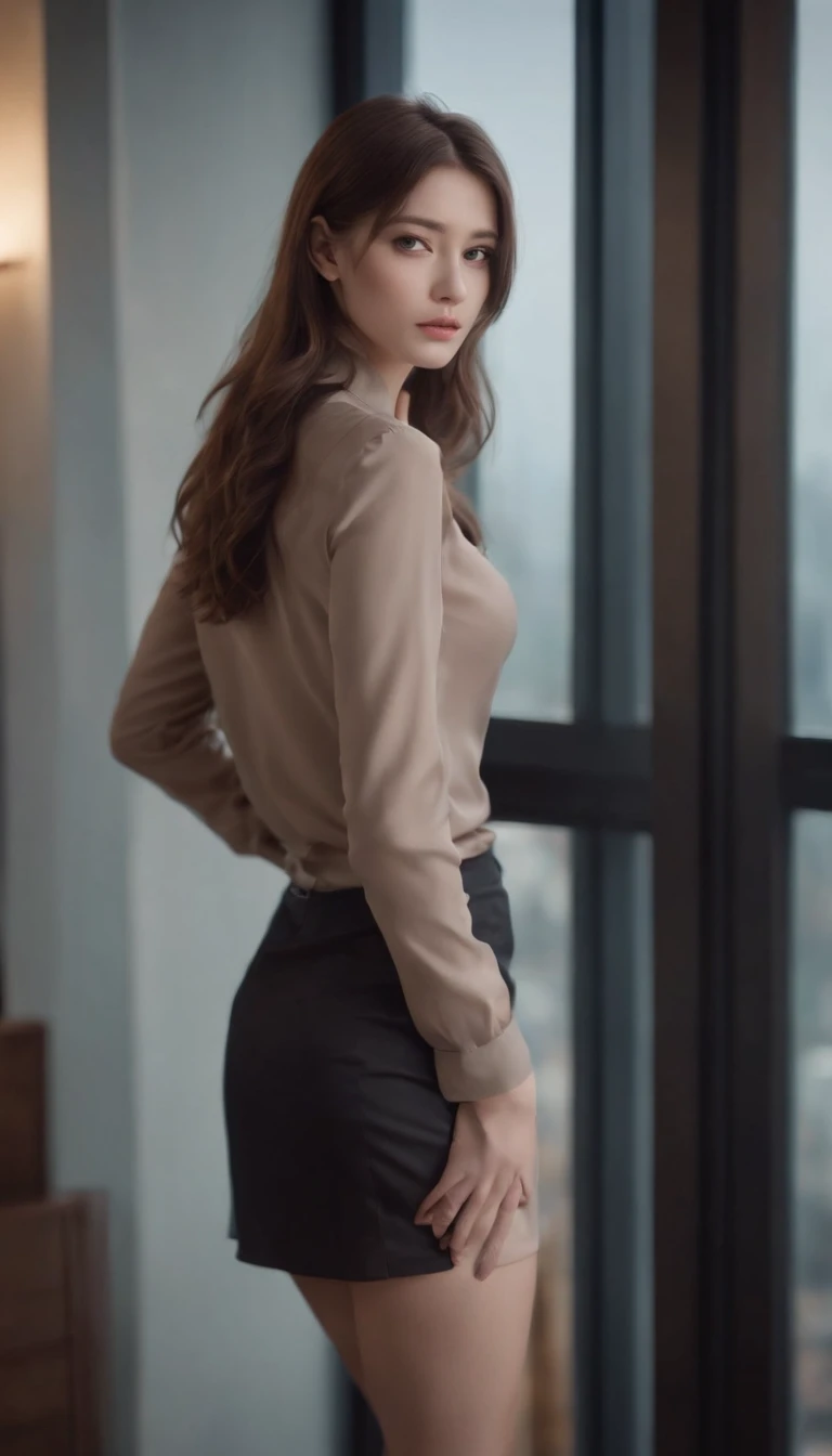 girl standing on her knees looking up at the camera,21 years old,Business shirt open showing hot lingerie, big boobs, thight short skirt,hot black lence stocking, photore,Bathed in shadows,visual novel,The boss's office for a skyscraper,window with view on the city,depth of fields, prostitute vibes