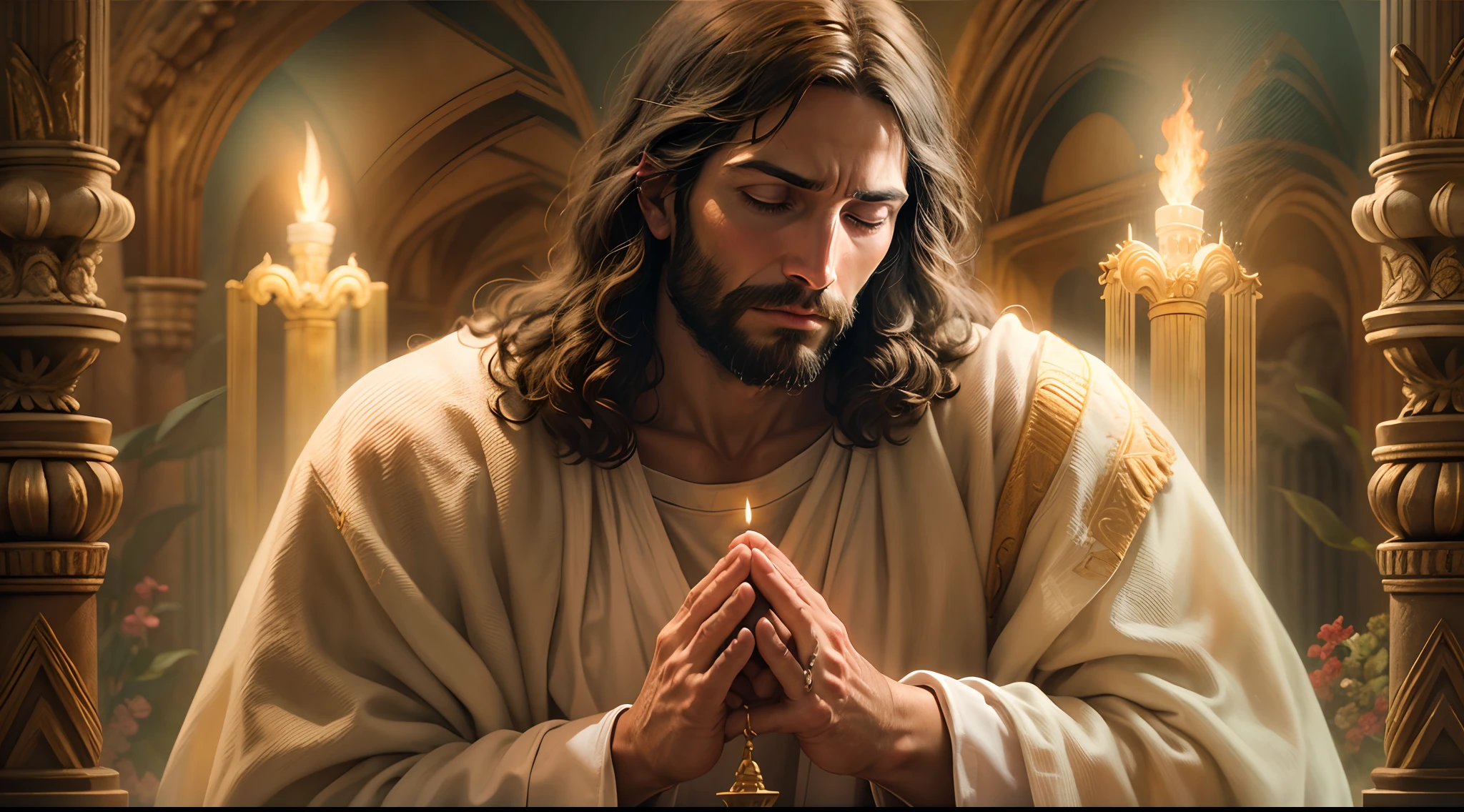 Closeup of Jesus Christ in Prayer, velas, orando, Biblical setting, Biblical paradise, jesus, ultra hd, realista, realistic, jesus cristo olhando para as escrituras sagradas, Paradisiacal scenery