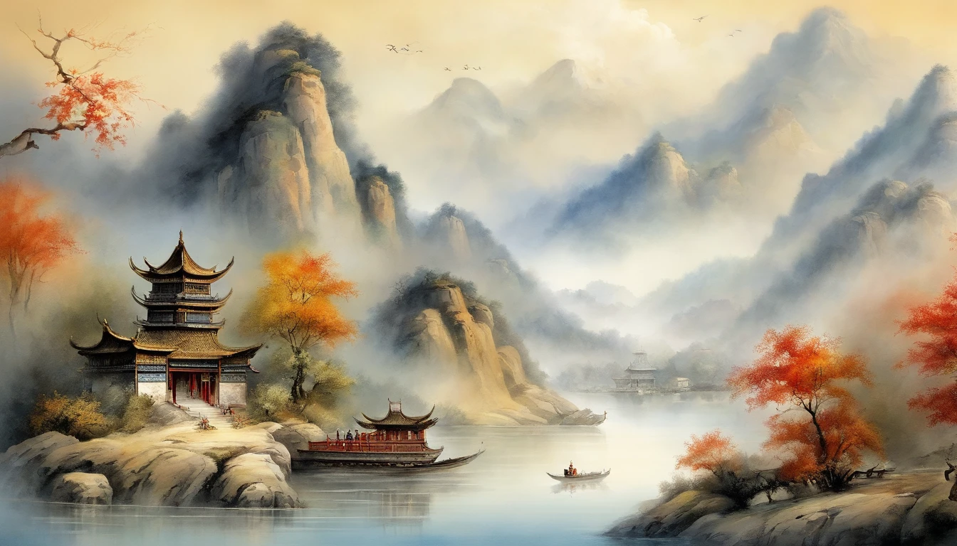 An ancient Chinese painting, ancient Chinese background, mountains, rivers, auspicious clouds, pavilions, sunshine, masterpieces, super detail, epic composition, ultra HD, high quality, extremely detailed, official art, unified 8k wallpaper, Super detail, 32k -- v 6
