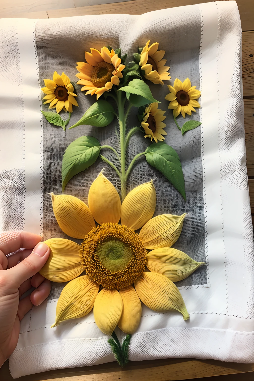 A white tea towel with an embroidered sunflower --auto --s2