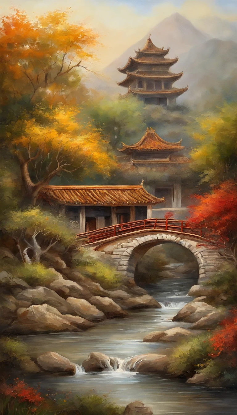Quaint Han Dynasty style temple,(There was an ancient Chinese monk who sat and meditated(closeup cleavage)),(Meditate),zazen,age-old tree,falling leaf,(Chinese landscape painting style),(Pastel ink painting),(8k wallpaper),(light and shadow effect),rendering by octane,White balance design,Extremely detailed picture depiction,wide angles,depth of fields,tmasterpiece,realisticlying,Beautifully depicted,A detailed,acurate,Works of masters,tmasterpiece