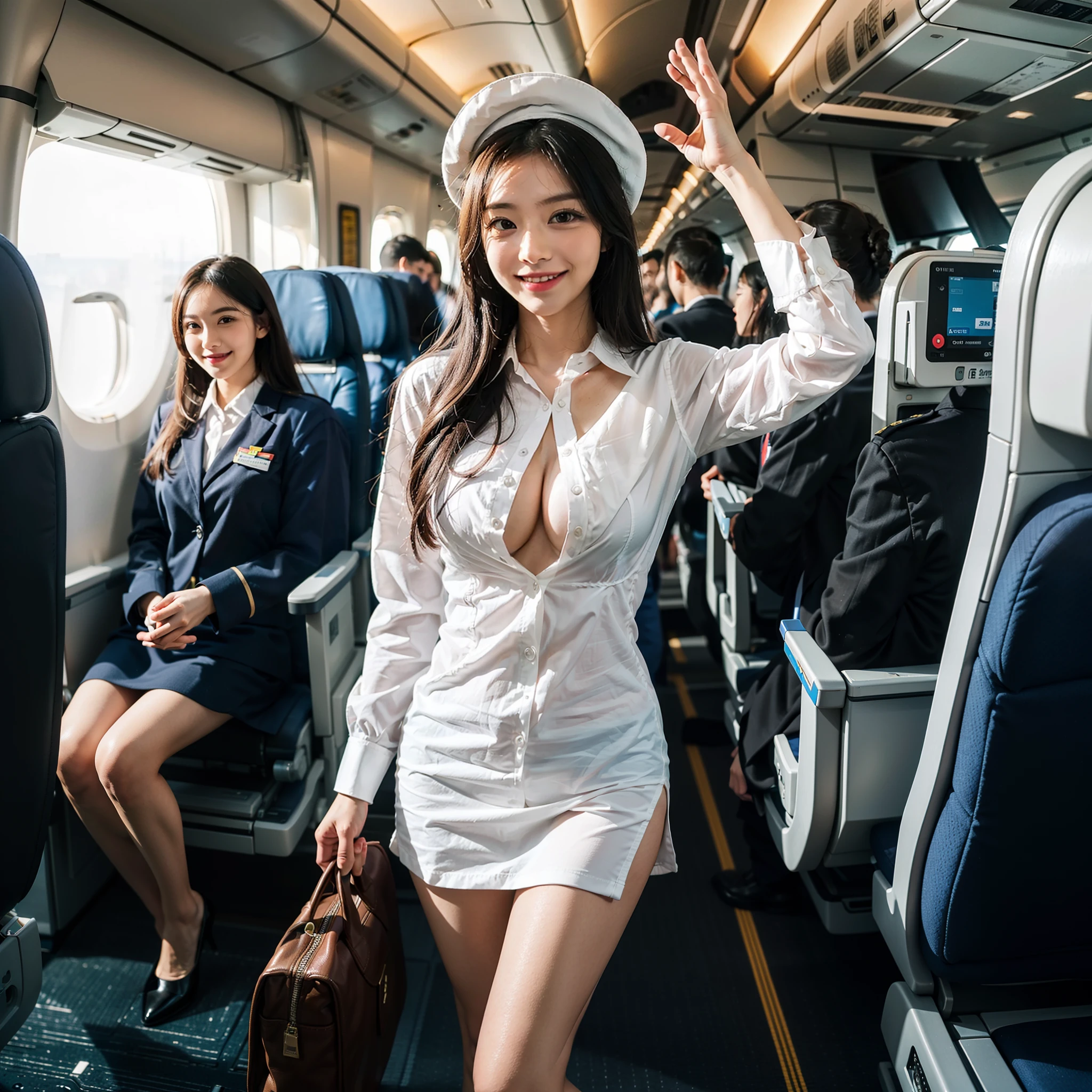Medium shot of A young girl standing on plane cabin, inside plane cabin, standing on middle of plane cabin isle, stewardess, stewardess girl, one girl, one object, dress as stewardess, wearing blouses with shirt as undergarment, wearing stewardess uniform, wearing stewardess hat, elegant girl, asian girl, big breast, big boobs, slim body, smile, cute smile, only one object. Anatomically correct, super detail, high details, high quality, best quality, highres, great body proportion, perfect body proportion, no extra limb, accurate fingers, accurate limb