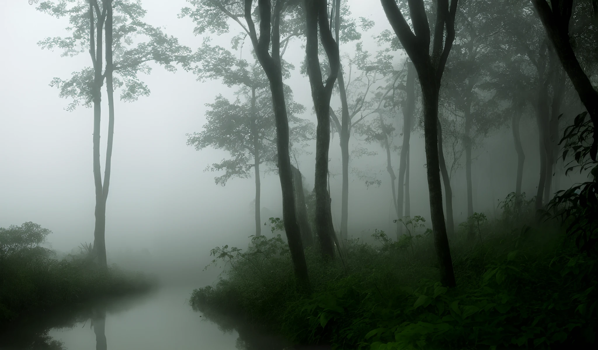 a big river in the dark foggy jungle with tall trees,and at the end you can see an old house over there
