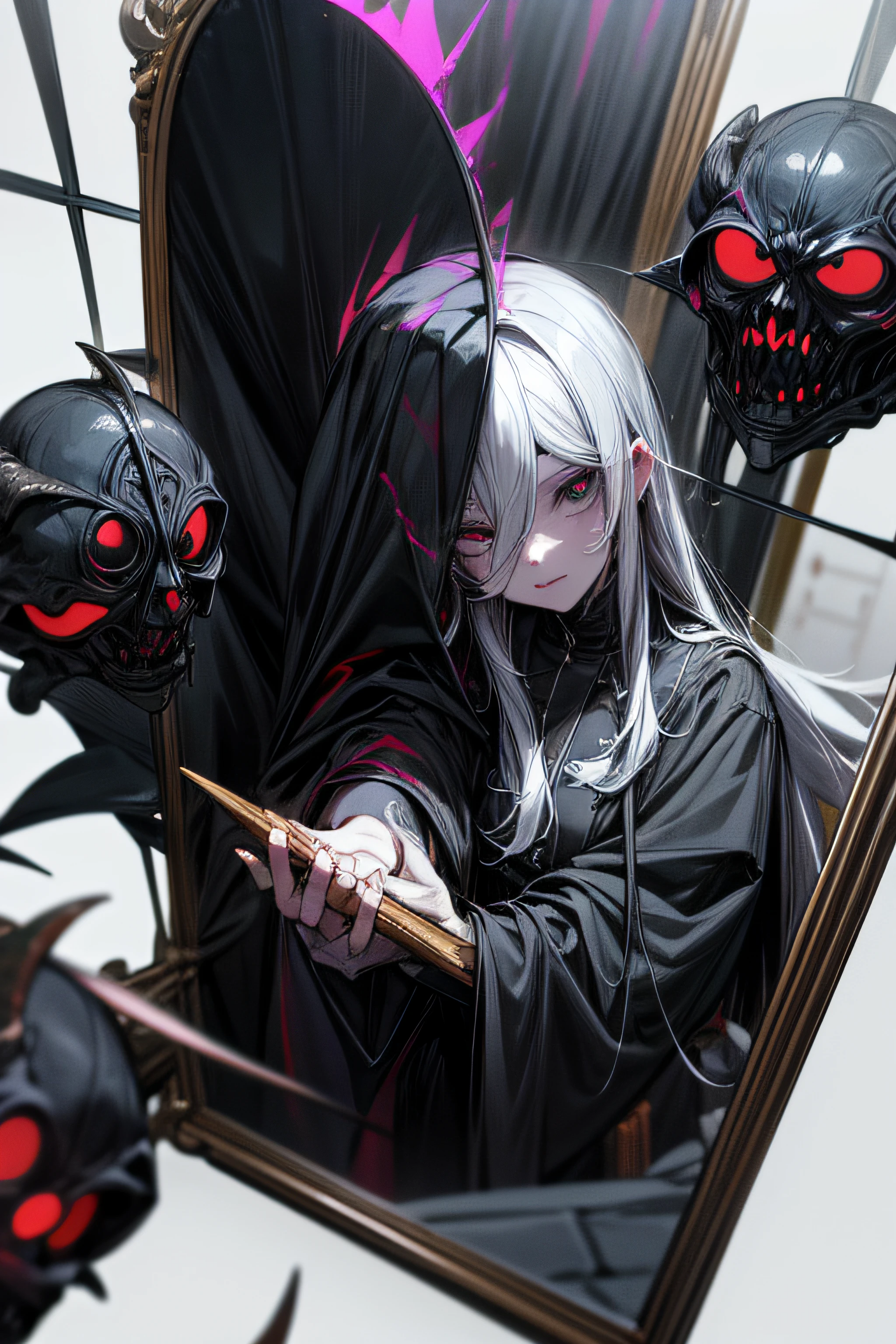 A cultist woman wearing a mirror masquerade mask, A black robe, un estilete en la mano y perfora la otra mano, The demon in the mirror devours the body of the cultist through the mask, An obsidian mirror appears behind and a mirror demon strikes it from the inside., Alto realismo, High detail. The devil has pale and slippery skin, extremidades largas con garras, una boca grande con muchos dientes afilados y una lengua larga que cuelga de la boca. el cuerpo es delgado, Las costillas son visibles, Hundreds of little black eyes. Tiene una altura de 2 metros,Estilo Black Souls, Clear lines, bosquejo, sombreado.