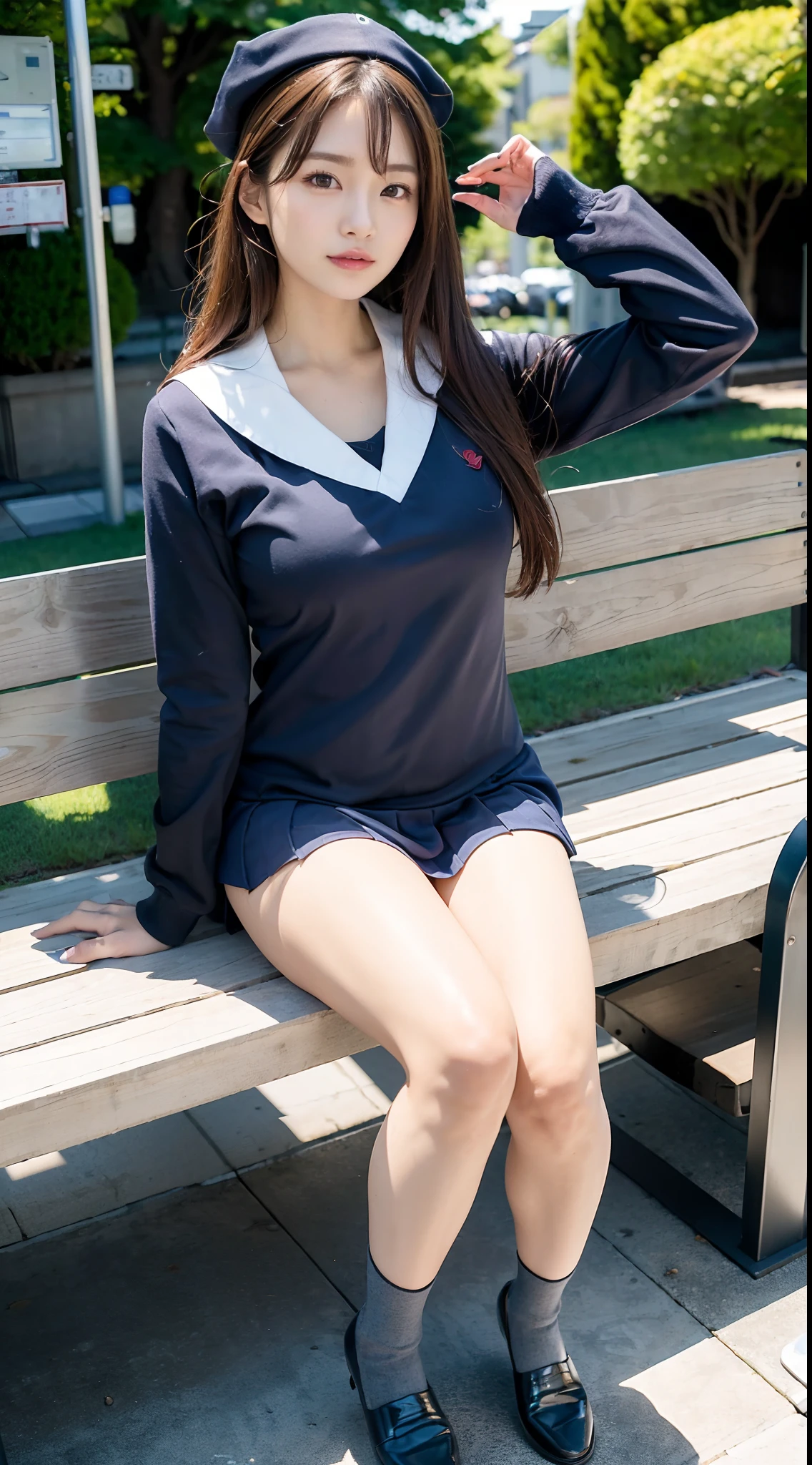 mix4, (16 K, Raw photography, Top image quality, masterpiece: 1.45), (realisitic, Photorealsitic: 1.37), one girls, 7.5, etc、Standing figure,Noon time slot、cute little, A city scape,, profetional lighting, photon maping, Cityscape with street trees, physically-based renderingt, Gradient dark brown hair,, a handsome, Well-groomed and beautiful eyes、Large double eyelids、Very shiny、girl with, (((student clothes、Long sleeve sailor suit worn by Japan schoolgirl、red cuffs、Dark blue mini skirt, Small gray beret、Dark blue knee-high socks、Black loafers))), Top Quality Photos, hight resolution, 1080p, (clearface), (Detailed face description), (Detailed hand description), (masterpiece), (Exquisite CG)、extreme light and shadows、dishevled hair、master work、abundant detail、(Fine facial features)、(top quality photo)、(masuter piece)、(A detailed eye)、Look in front of you、Fine clavicle、((Slender big))、(((Japan schoolgirl in long-sleeved sailor suit)))、((Ready Idol System))、((Boulevard with street trees、Bus stop、timetable、Benches))、(Shooting from random perspectives)、(((Anyway cute)))、耳?????? Ring、A big smile、Drawing the whole body from the knees、Do not draw nasolabial folds、(((Long-sleeved sailor suit)))、(Big breasts that hang down big:0.9)、Big buttocks with tension、Two arms and two legs、(((from the front side:0.5)))、bare hand、No mask