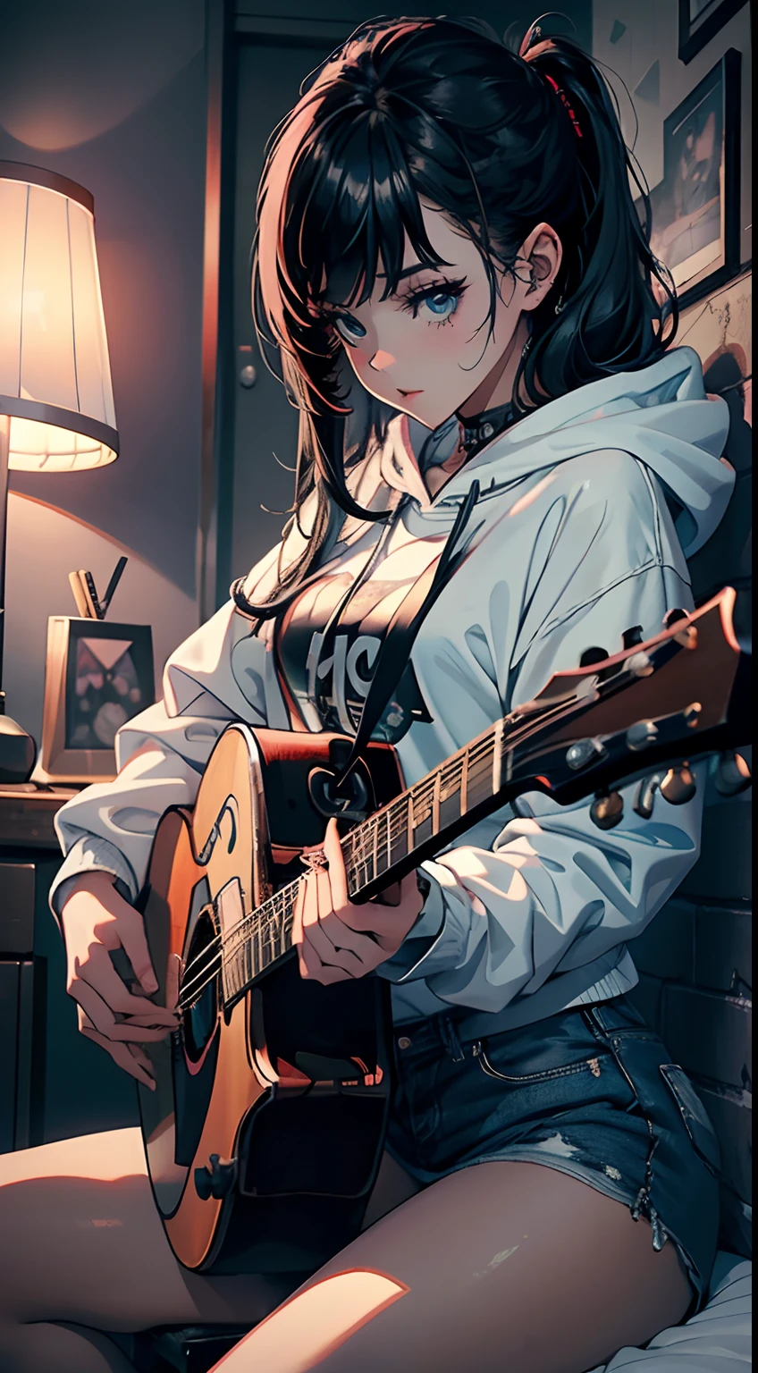 masterpiece, best quality, 1girl, a emo girl playing a eletrci guitar, guitar, sensual, music, instrumental , cute girl, cute, cozy, dramatic light, beautiful lights,4k, gorgeous, cinematic, sitting in the bed, bedroom, black hair, hoodie, artistic,sadgirl, style,stylish