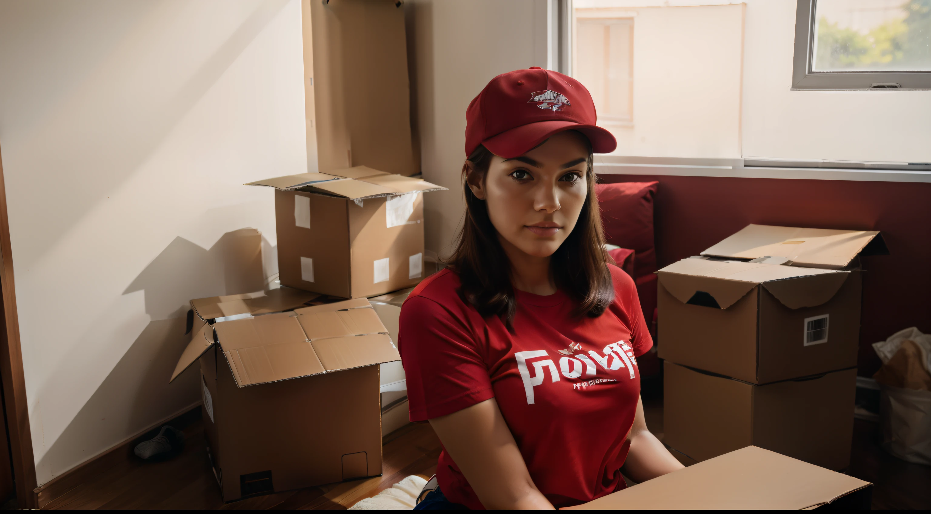 photography of moving to another house, in a house, interior, people are working, moving boxes, wearing red cap and red t-shirt, reality, photoshoot, photography, normally photo, photo by phone, natural, low contrast, low saturate