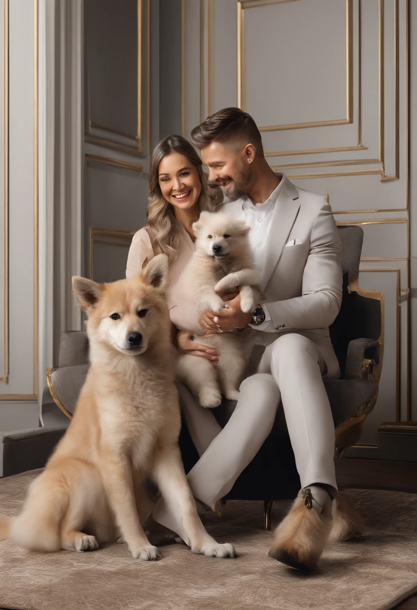 A family of happy humans with Spitz Aemão cubs